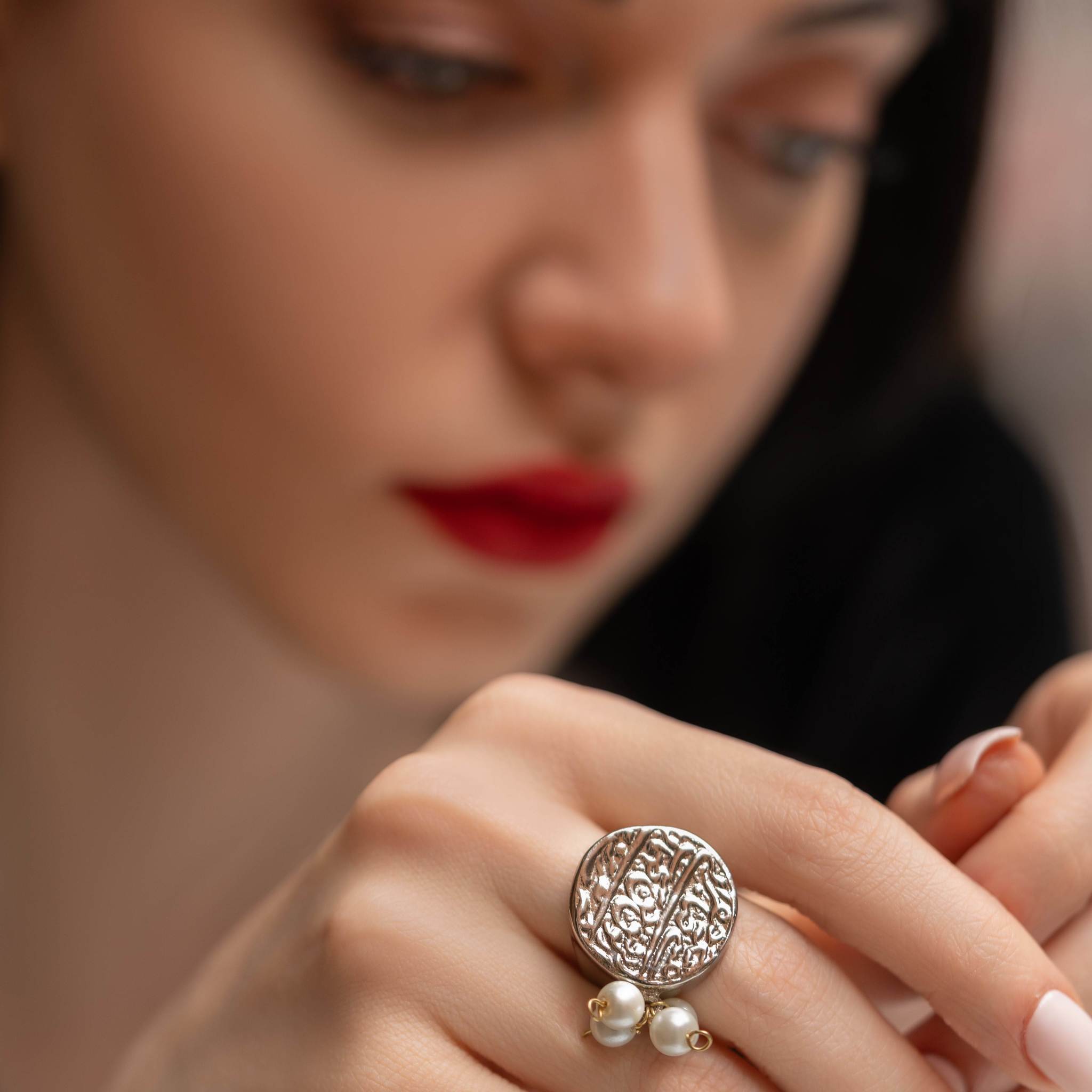 Persian Rings-Coin Signed Ring with Pearls: Persian Jewelry-AFRA ART GALLERY