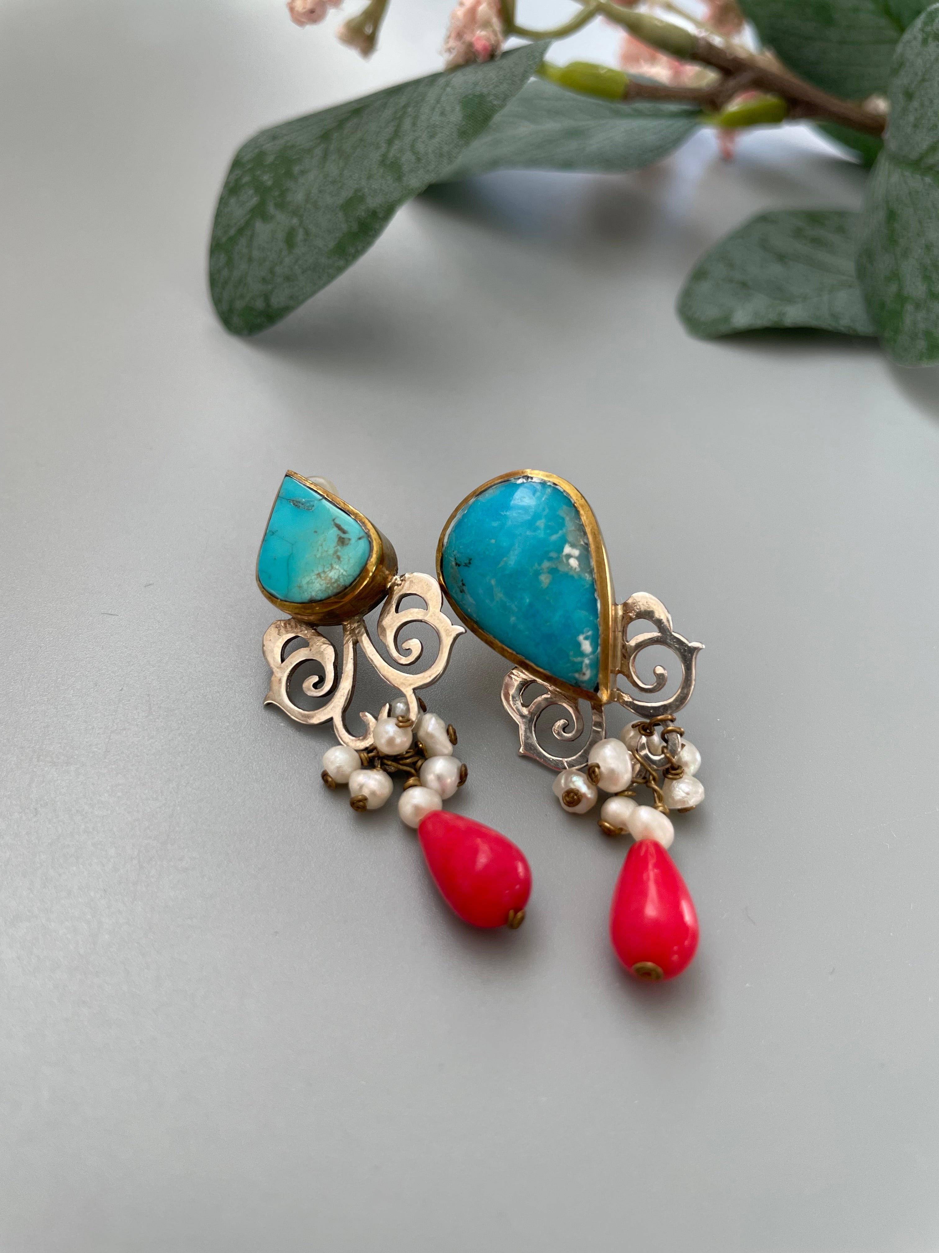 Handmade Asymmetrical Silver Earrings With Natural Turquoise