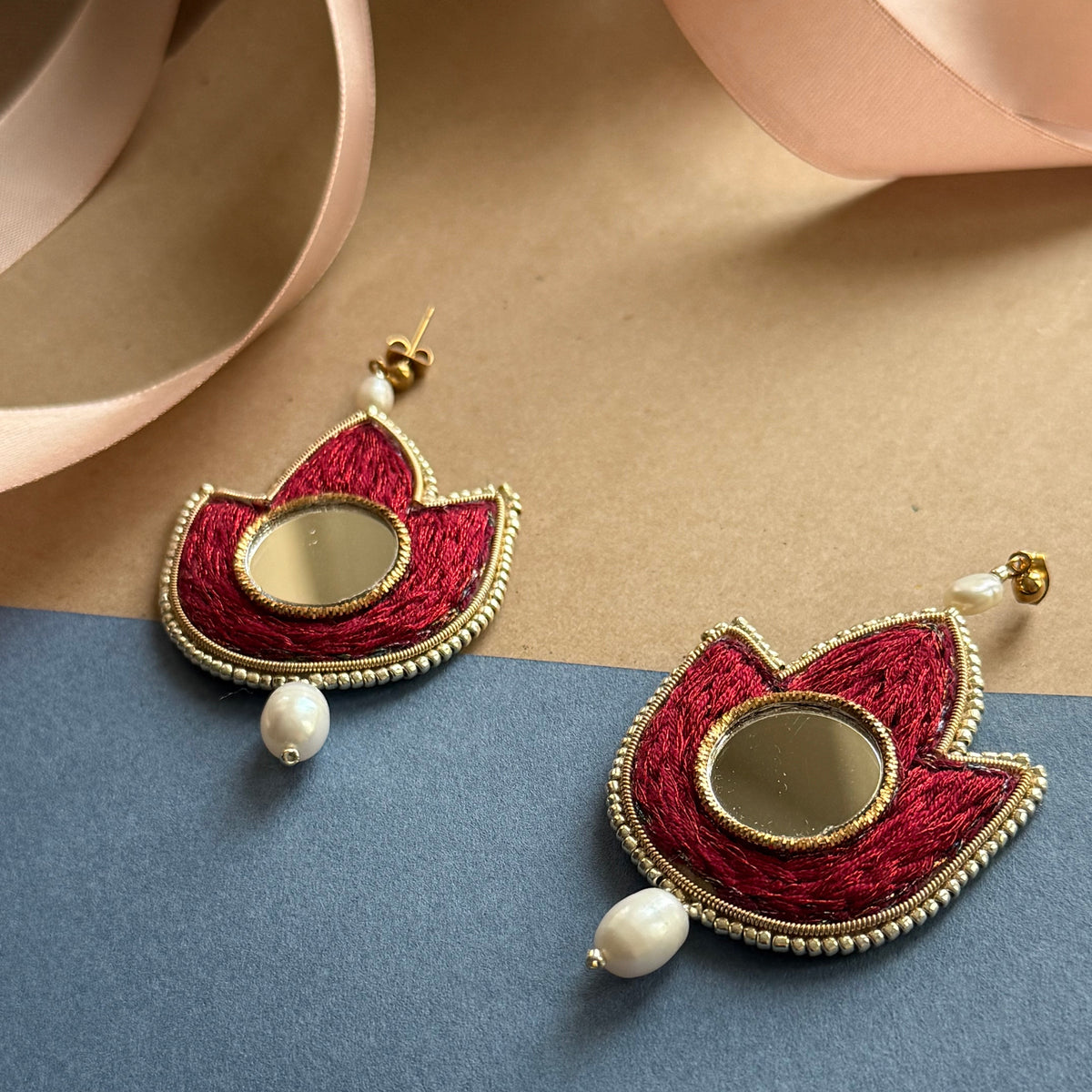 Tulips Embroidery and Mirror Earrings in Red - AFRA ART GALLERY
