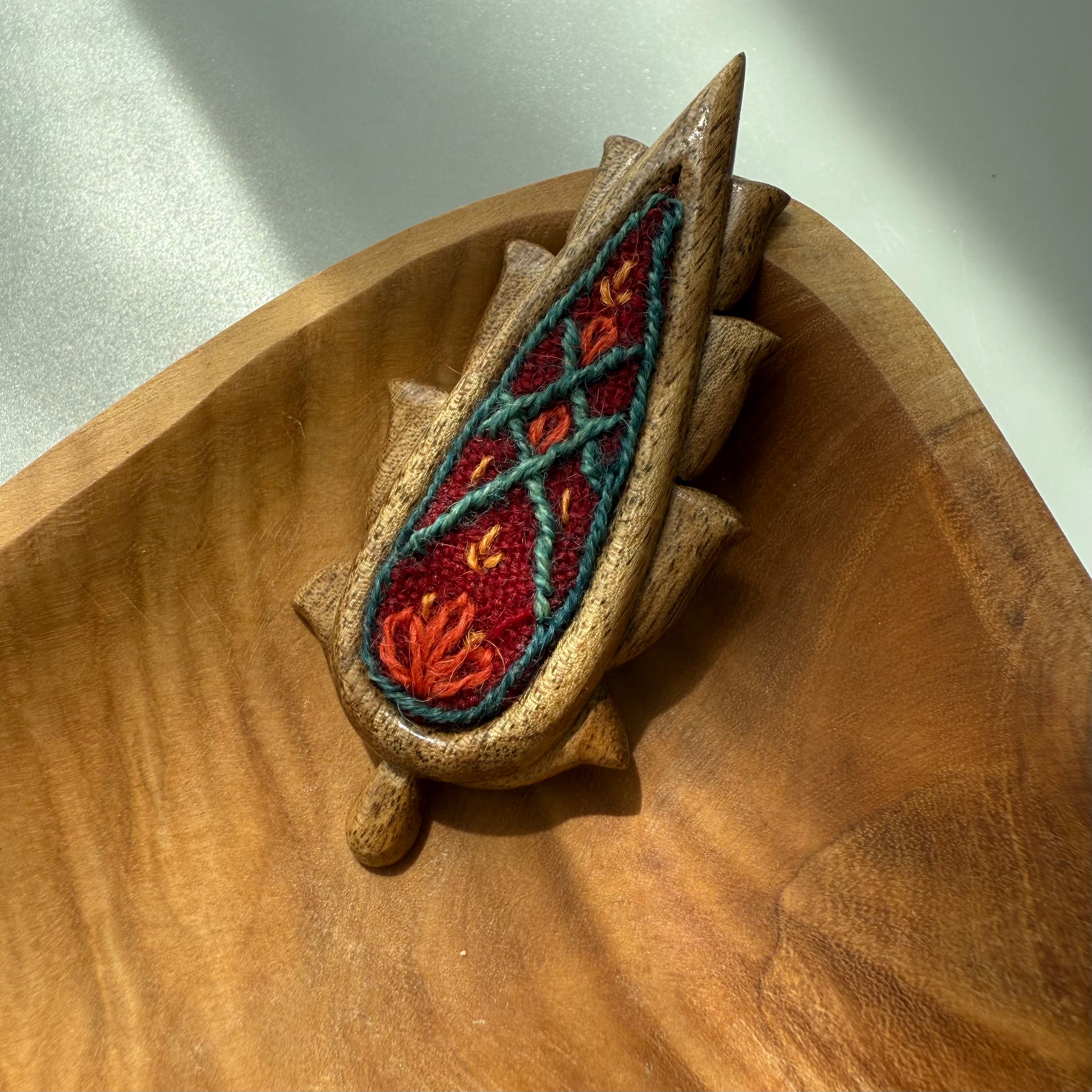Handmade Wooden and Pateh  Embroidery Brooch