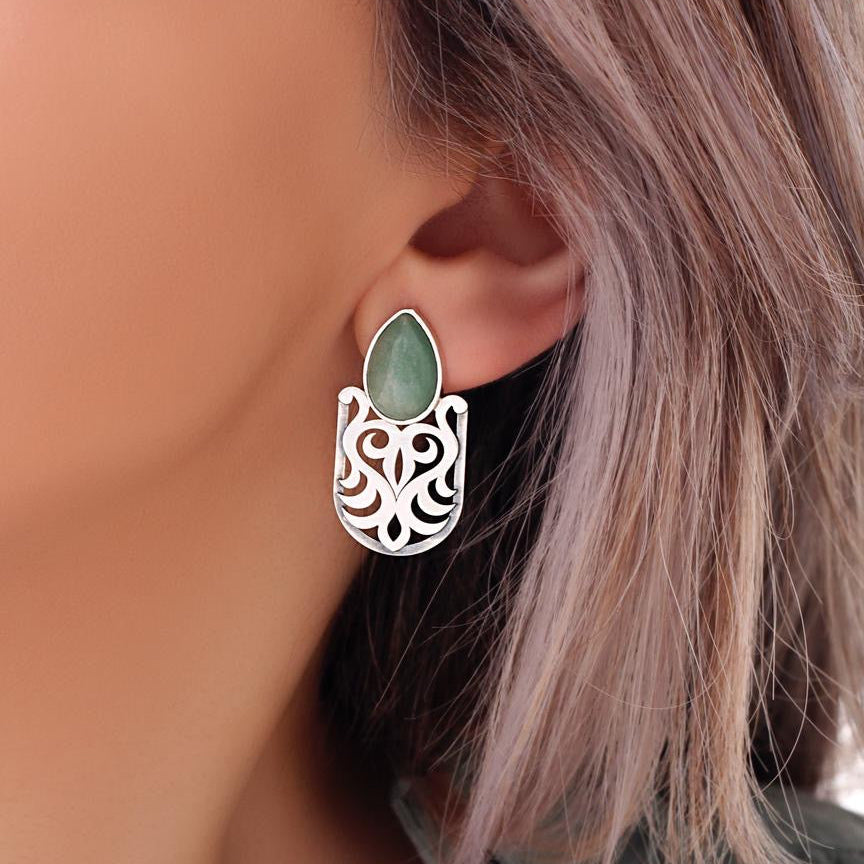 Handmade Persian Silver Earrings with Green Gemstone