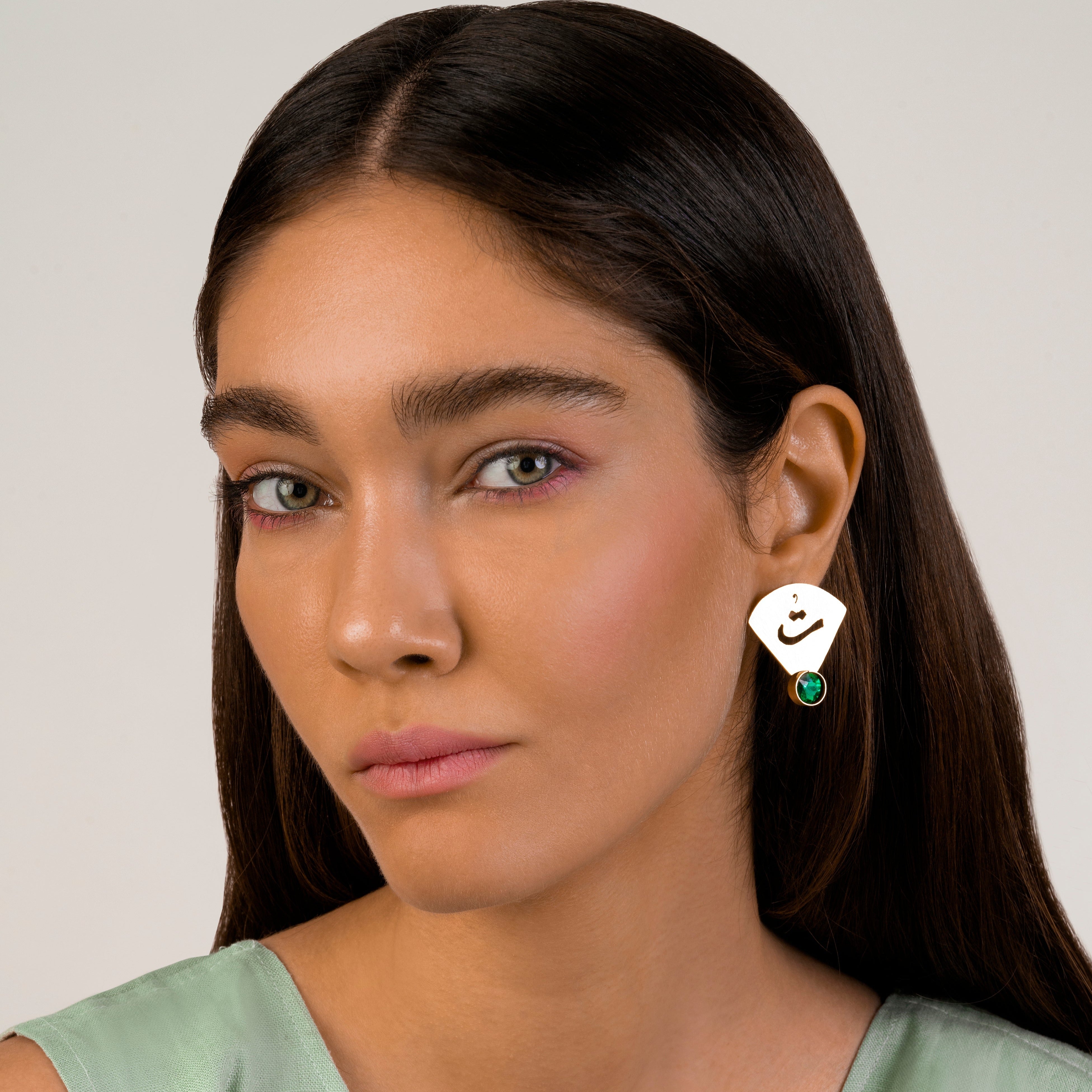 Persian Earrings Handmade Brass Earrings with Persian Calligraphy and Shiny Green Crystal:Persian Jewelry-AFRA ART GALLERY