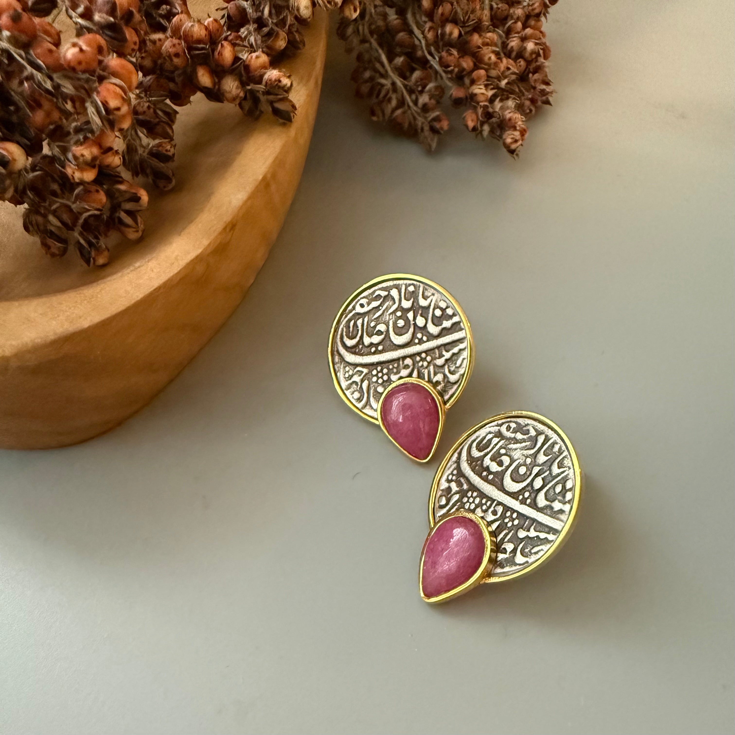 Handmade Gold Plated Silver Earrings with Safavid coin and Red Gemstone