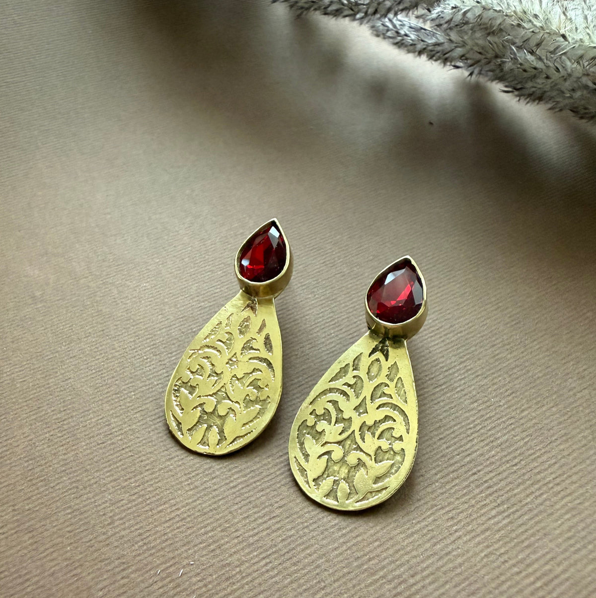 Brass Handmade Teardrop Earrings with Red Crystal