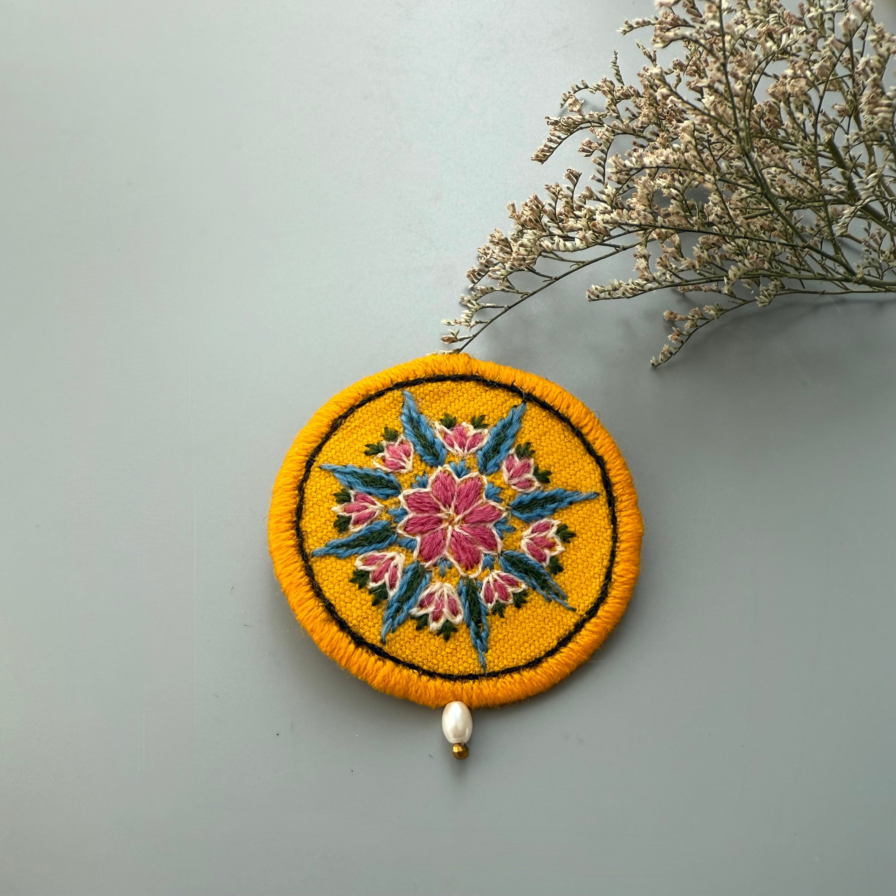 Full circle Embroidery Brooch in Yellow Shade