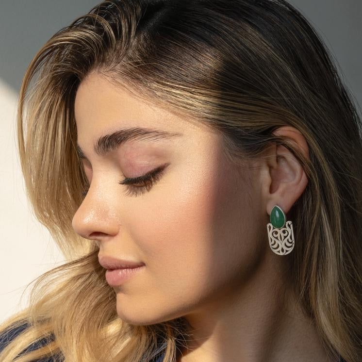 Handmade Persian Silver Earrings with Green Gemstone