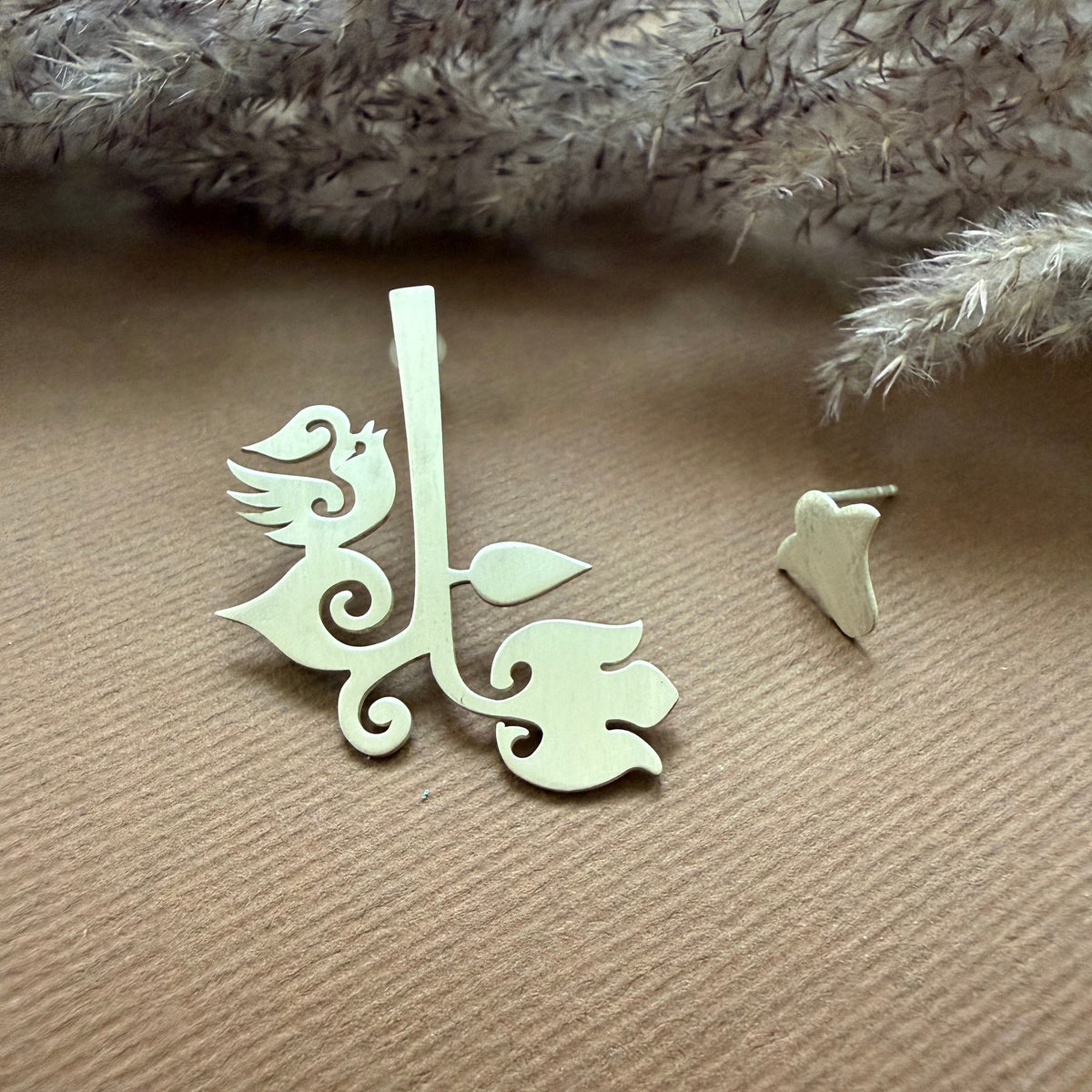 Handmade Asymmetrical Silver Earrings with Gol_O_Morgh - AFRA ART GALLERY
