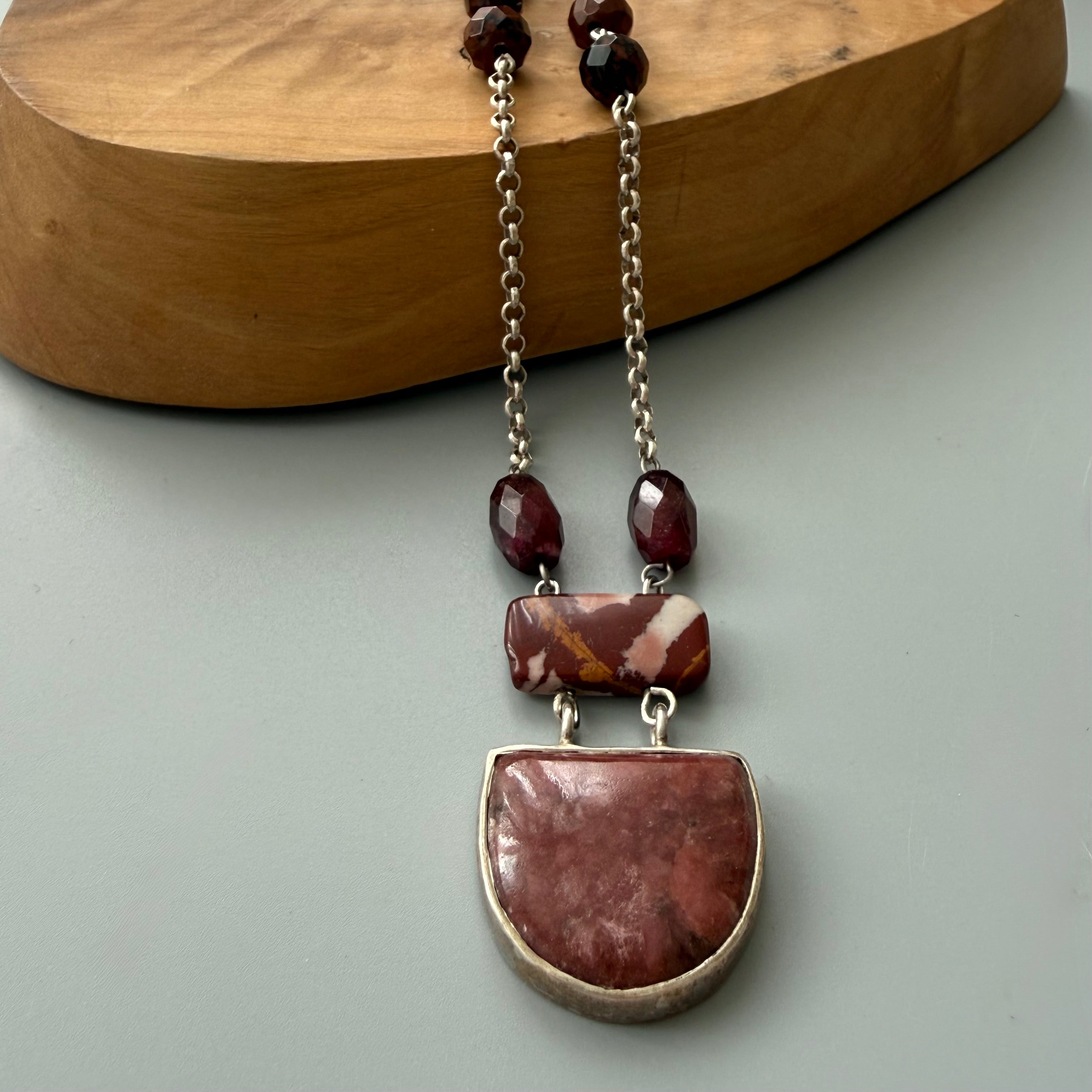Handmade Multi-Stone Silver Necklace with Tiger Eye & Ruby - AFRA ART GALLERY