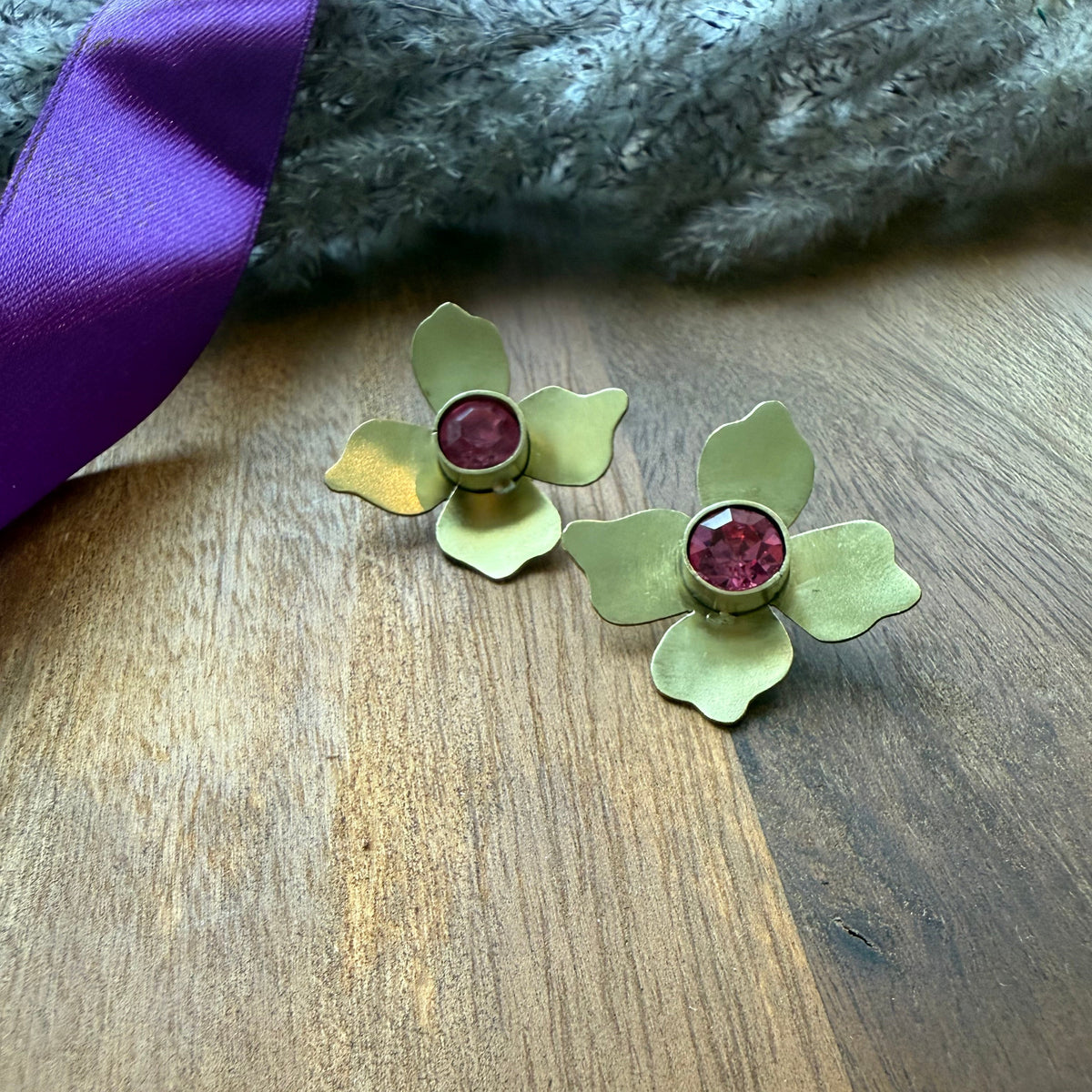Handmade Brass Flower Earrings with Shiny Crystal - AFRA ART GALLERY