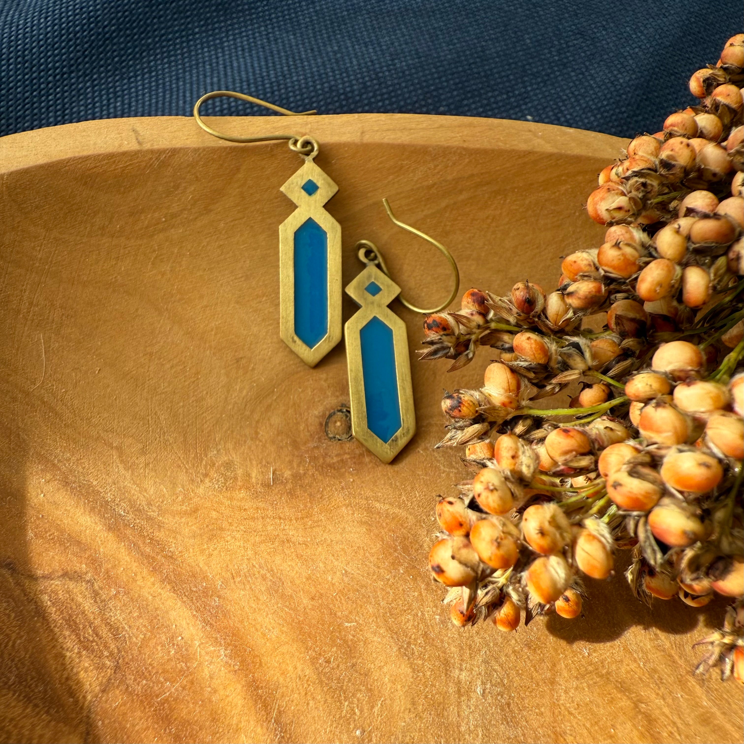Brass Earrings with Enamel in Blue