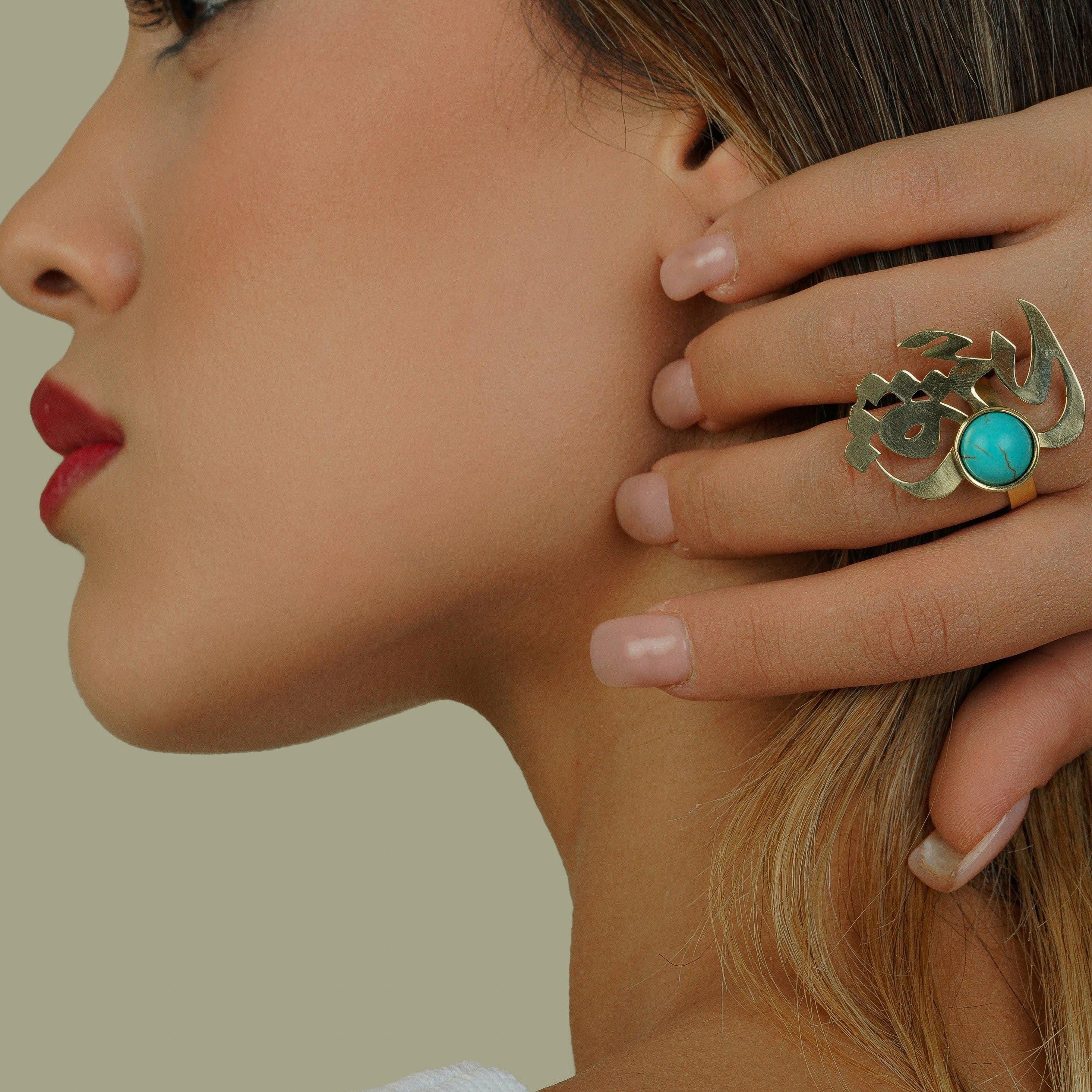 Persian Calligraphy Jewelry-Brass LOVE Ring with Turquoise: Persian Jewelry-AFRA ART GALLERY