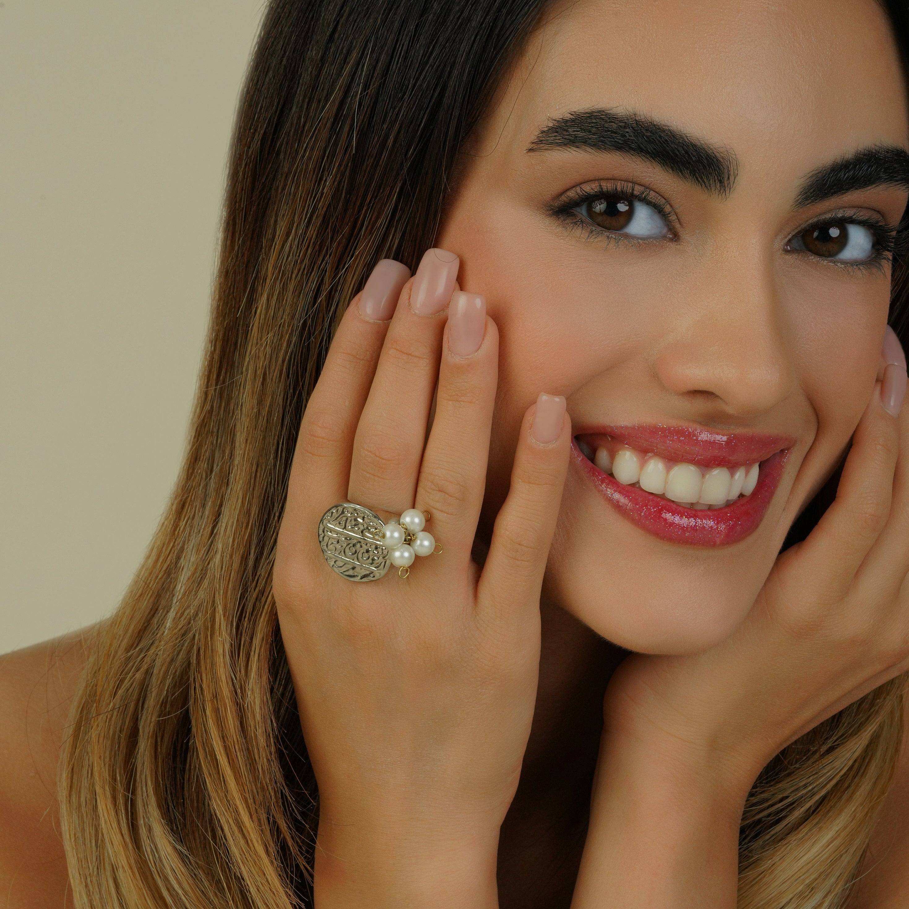 Persian Rings-Coin Signed Ring with Pearls: Persian Jewelry-AFRA ART GALLERY