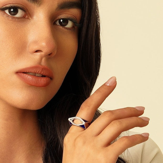 Award Winning Handmade Silver Ring with Enamel in Blue and Withe