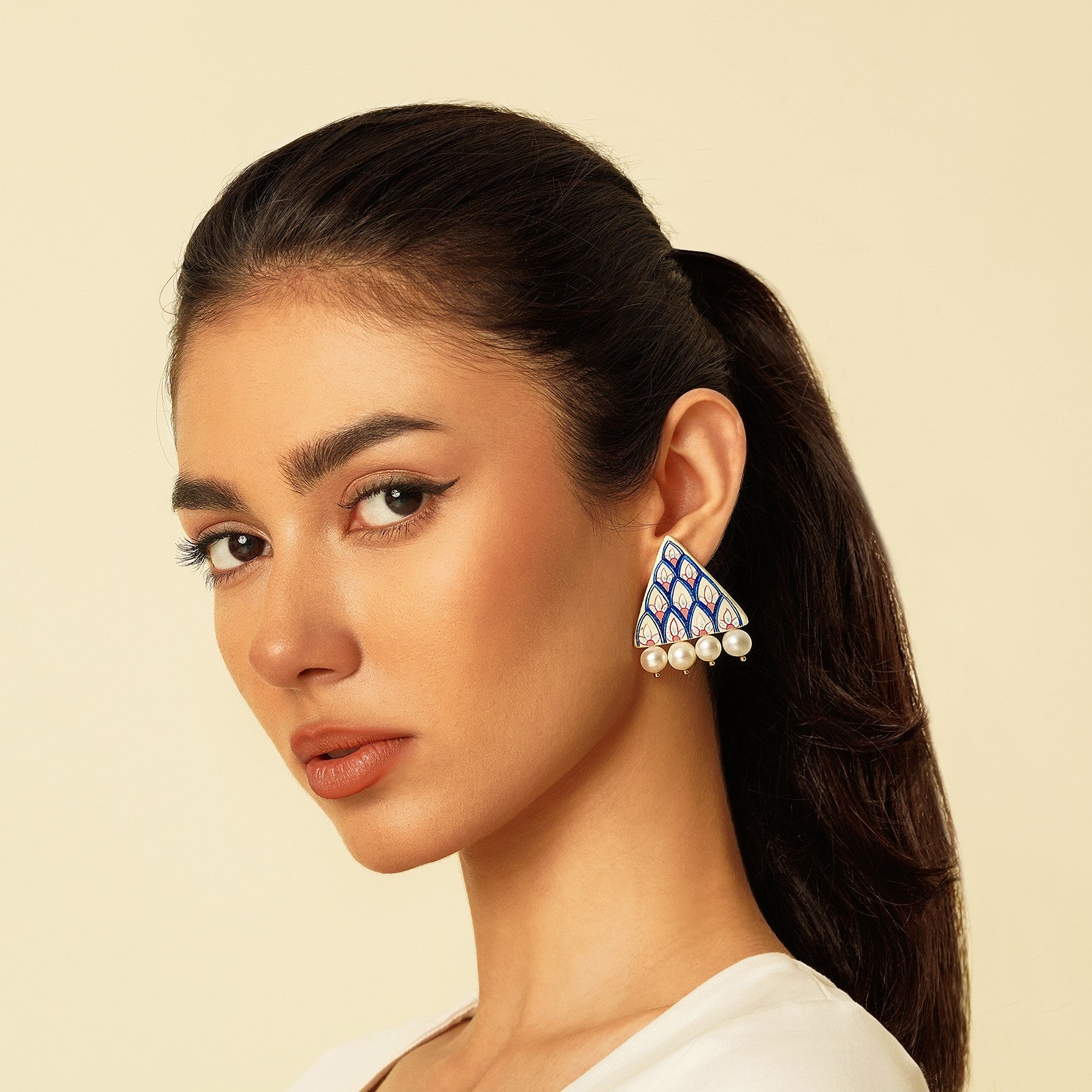 Stud Rectangular Clay Earrings with Hand Painting
