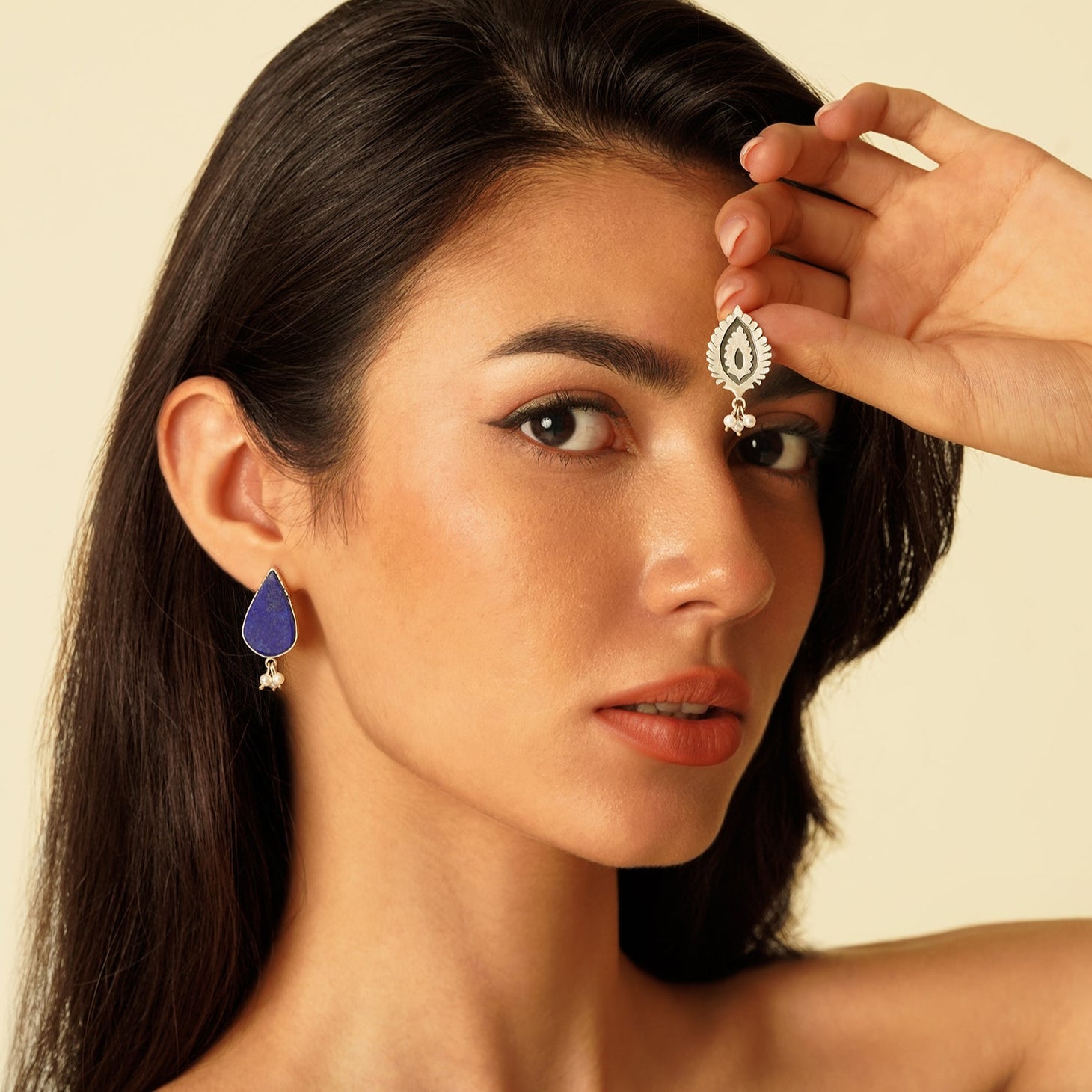 Handmade Persian Stud Asymmetric Earrings with Lazuli