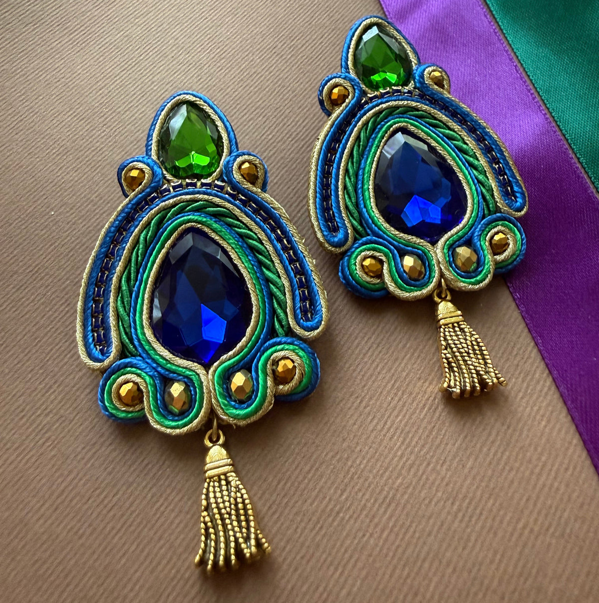 Soutache Earrings with shiny Crystal and Beads - AFRA ART GALLERY