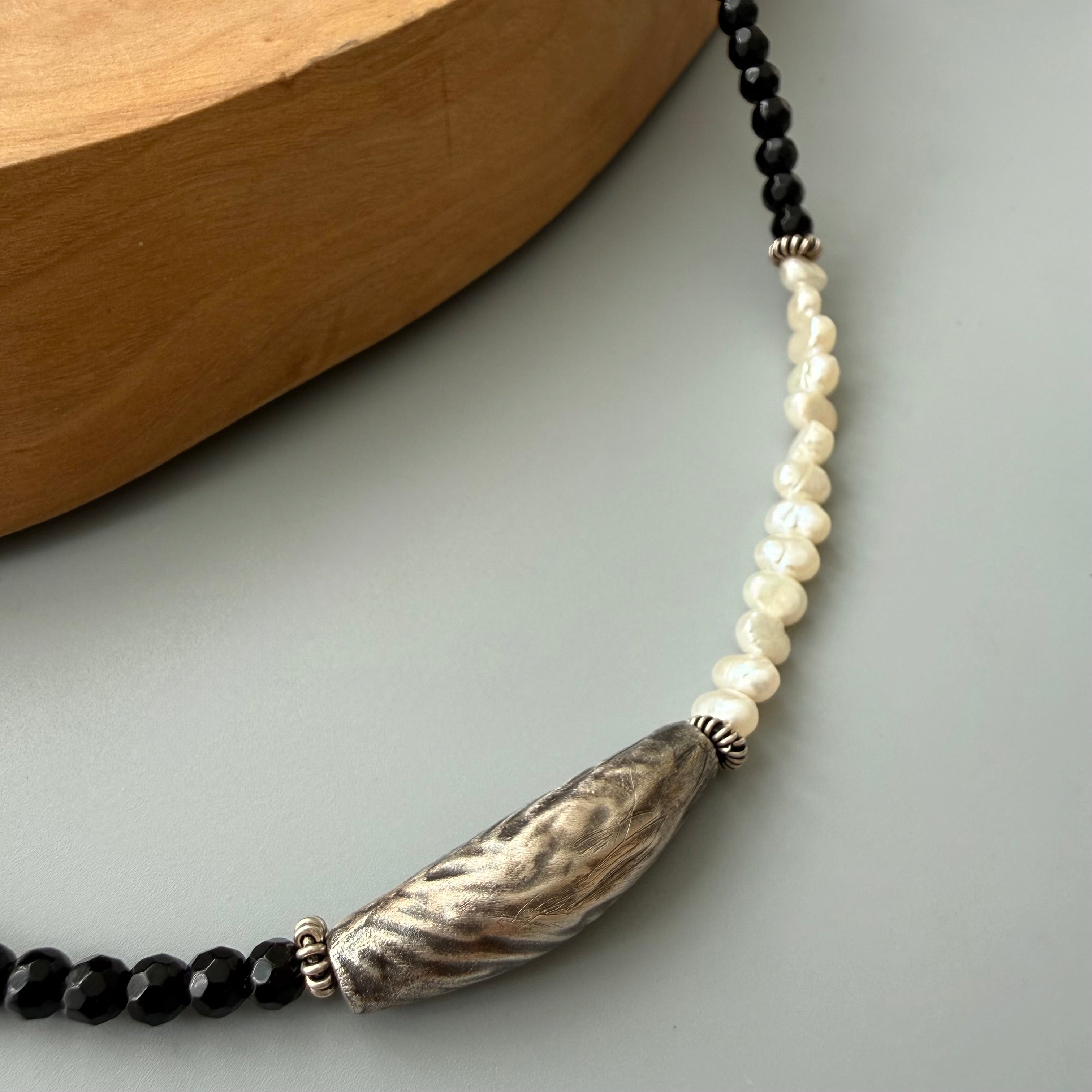 Handmade Silver Necklace with Black Onyx and Baroque Pearls - AFRA ART GALLERY