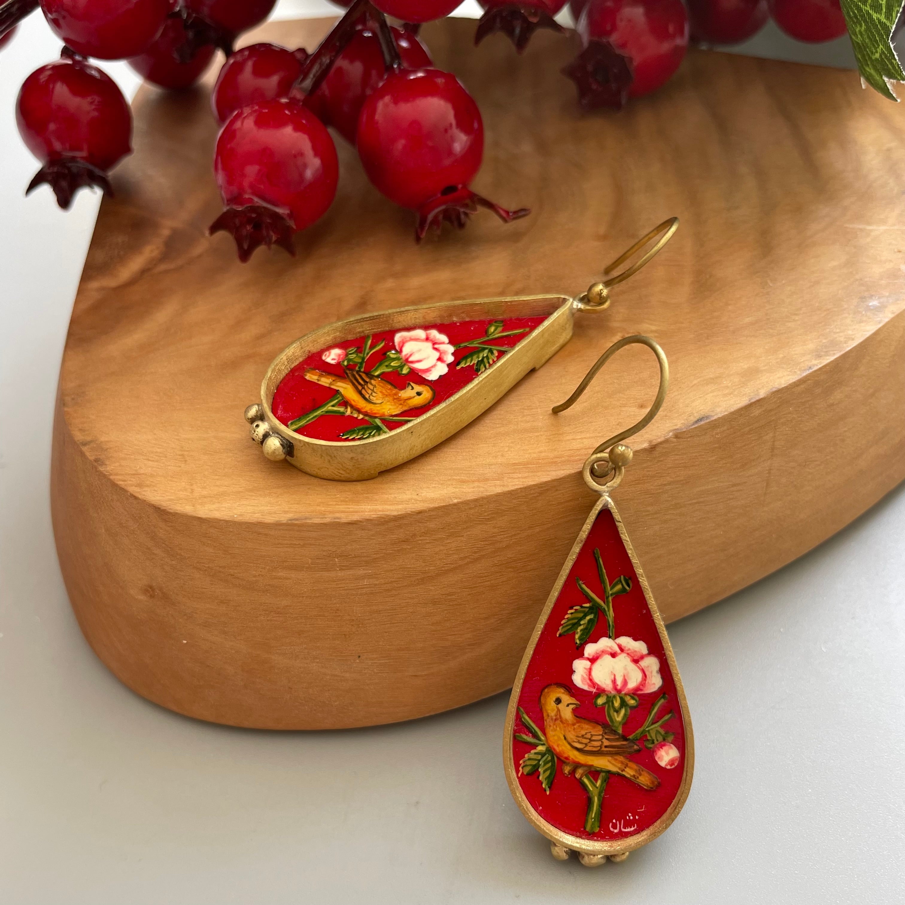 Persian Earrings Fully Hand Painted Persian Earrings in Red with Gol-o-Morgh Design:Persian Jewelry-AFRA ART GALLERY