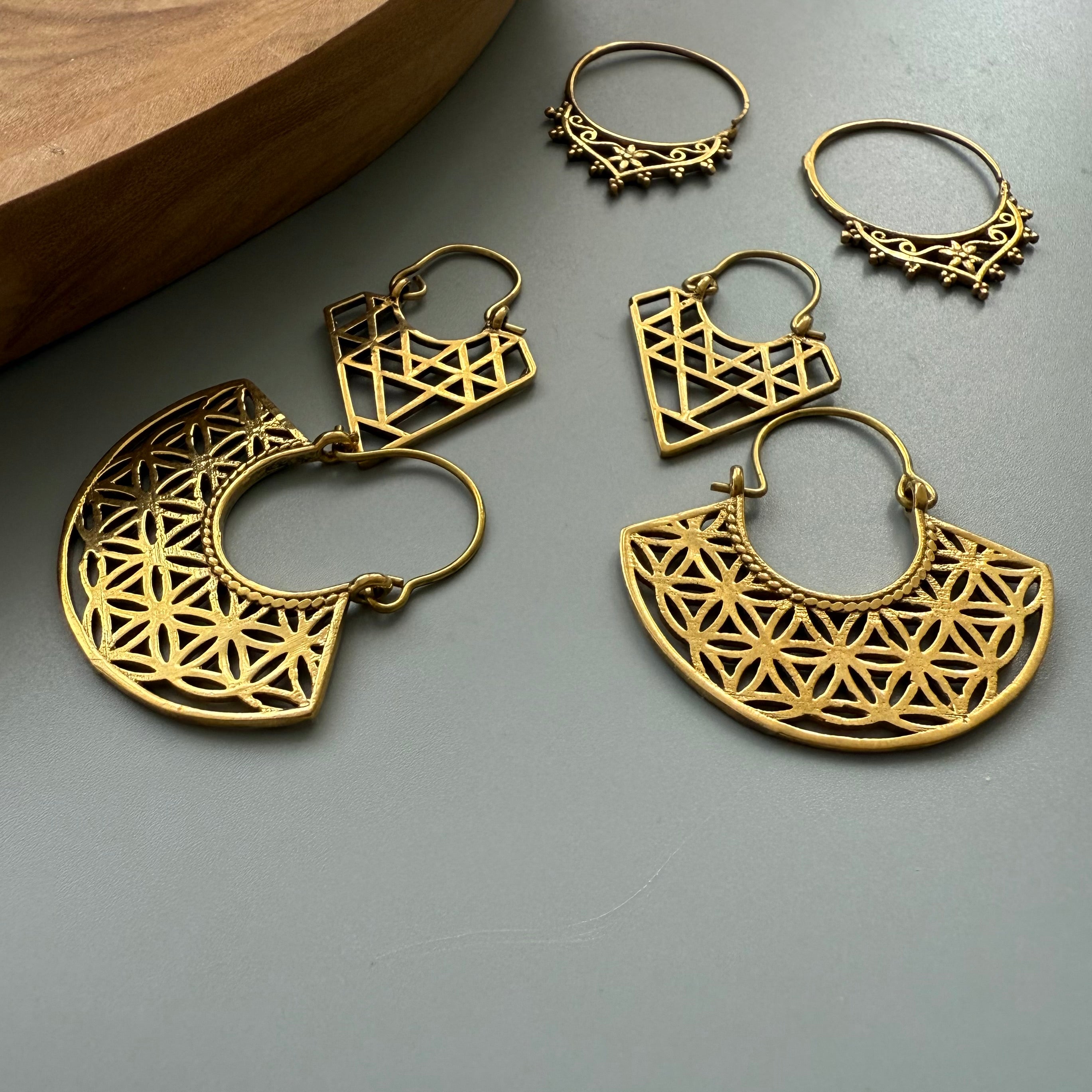 Brass Earrings with Geometric Patterns in Various Shapes