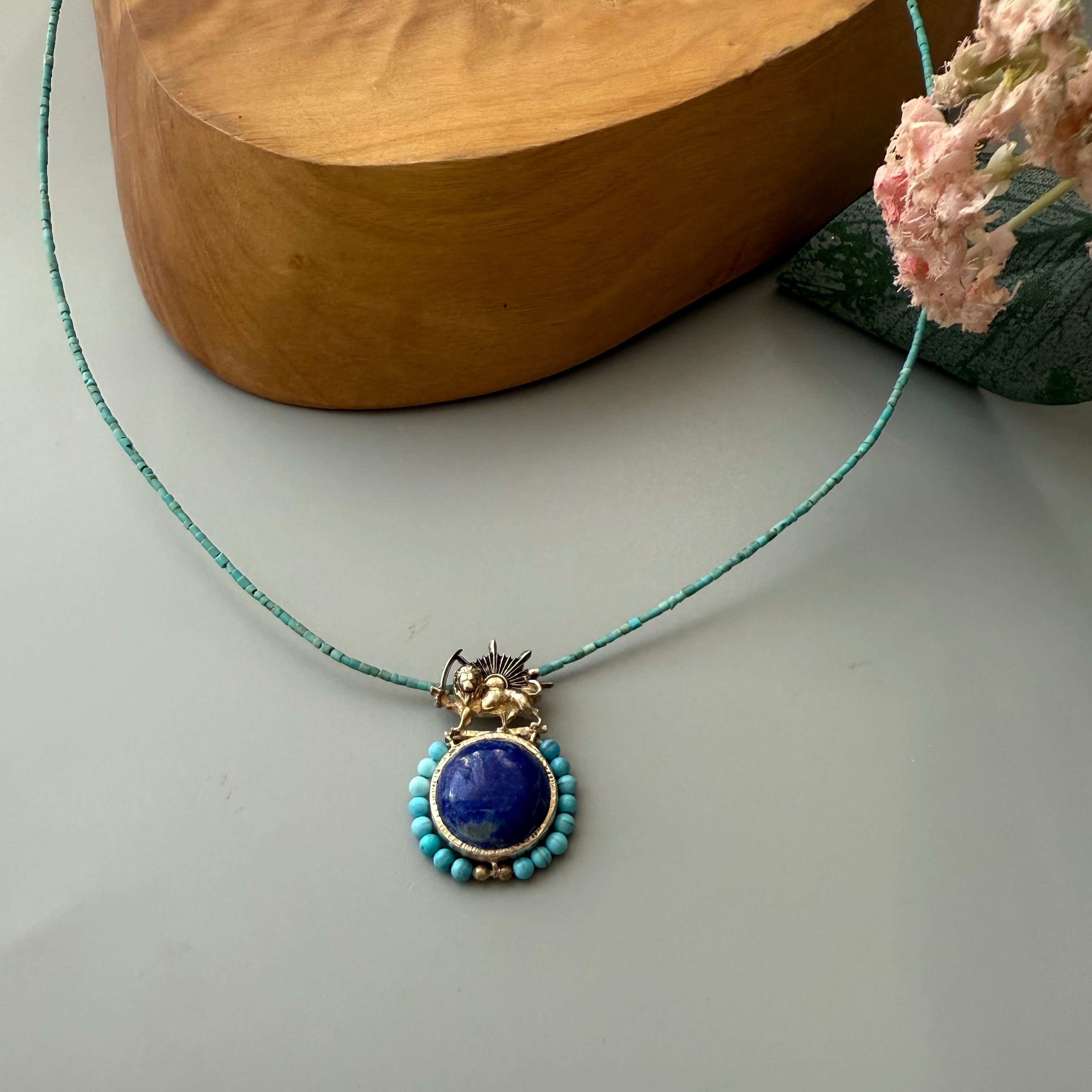 Lion and Sun Silver Necklace with Turquoise and Lazuli