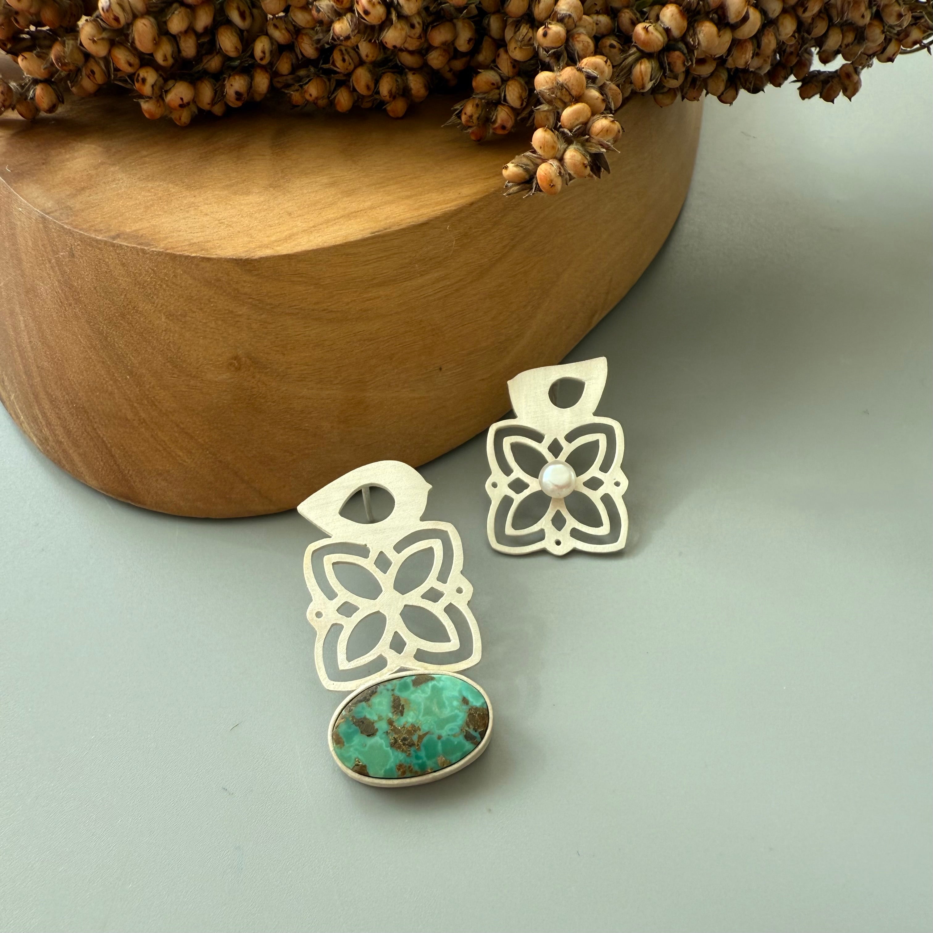 Handmade Earrings with Persian Bird and Flower with Natural Turquoise
