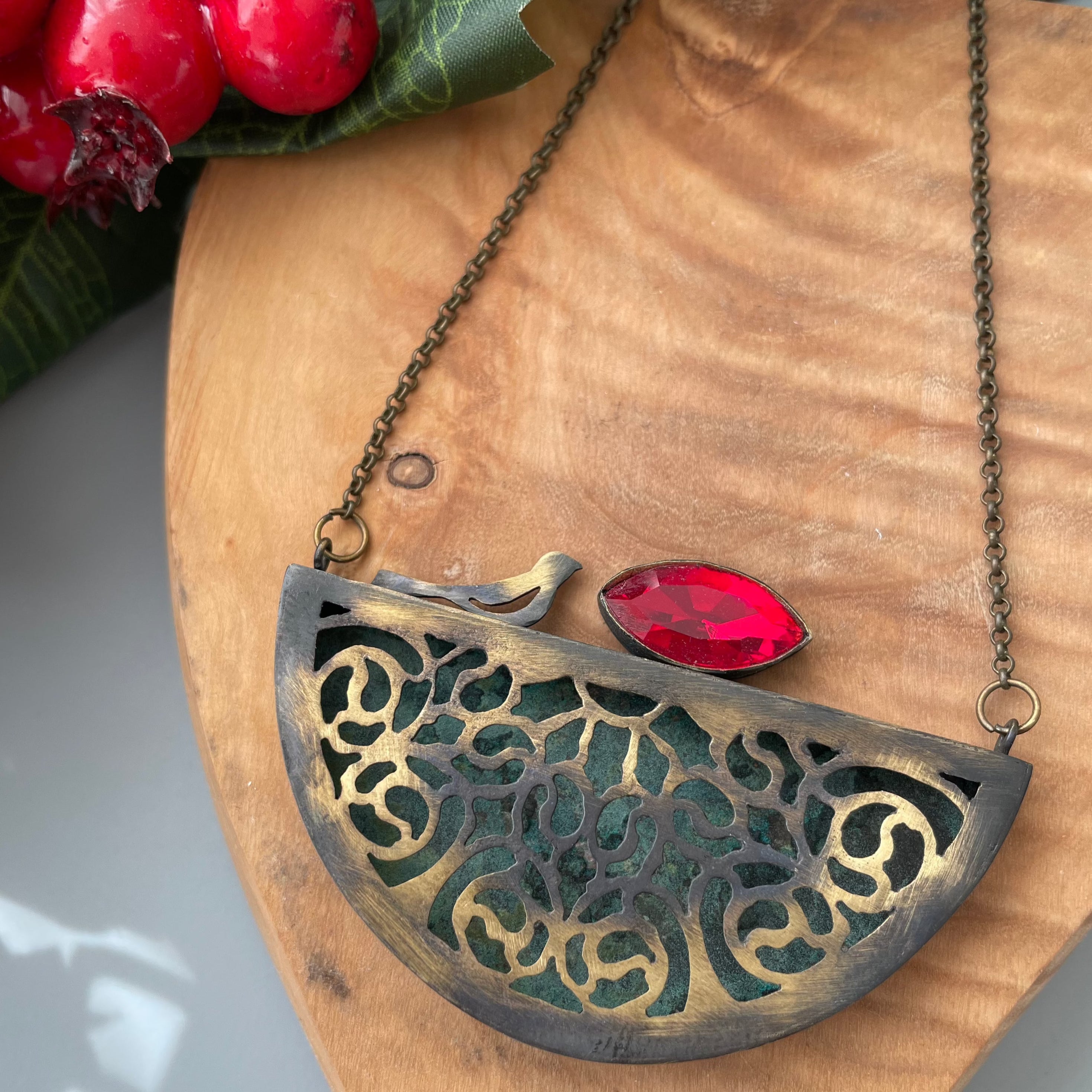Handmade Brass Necklace with Persian Motifs and Red Crystal
