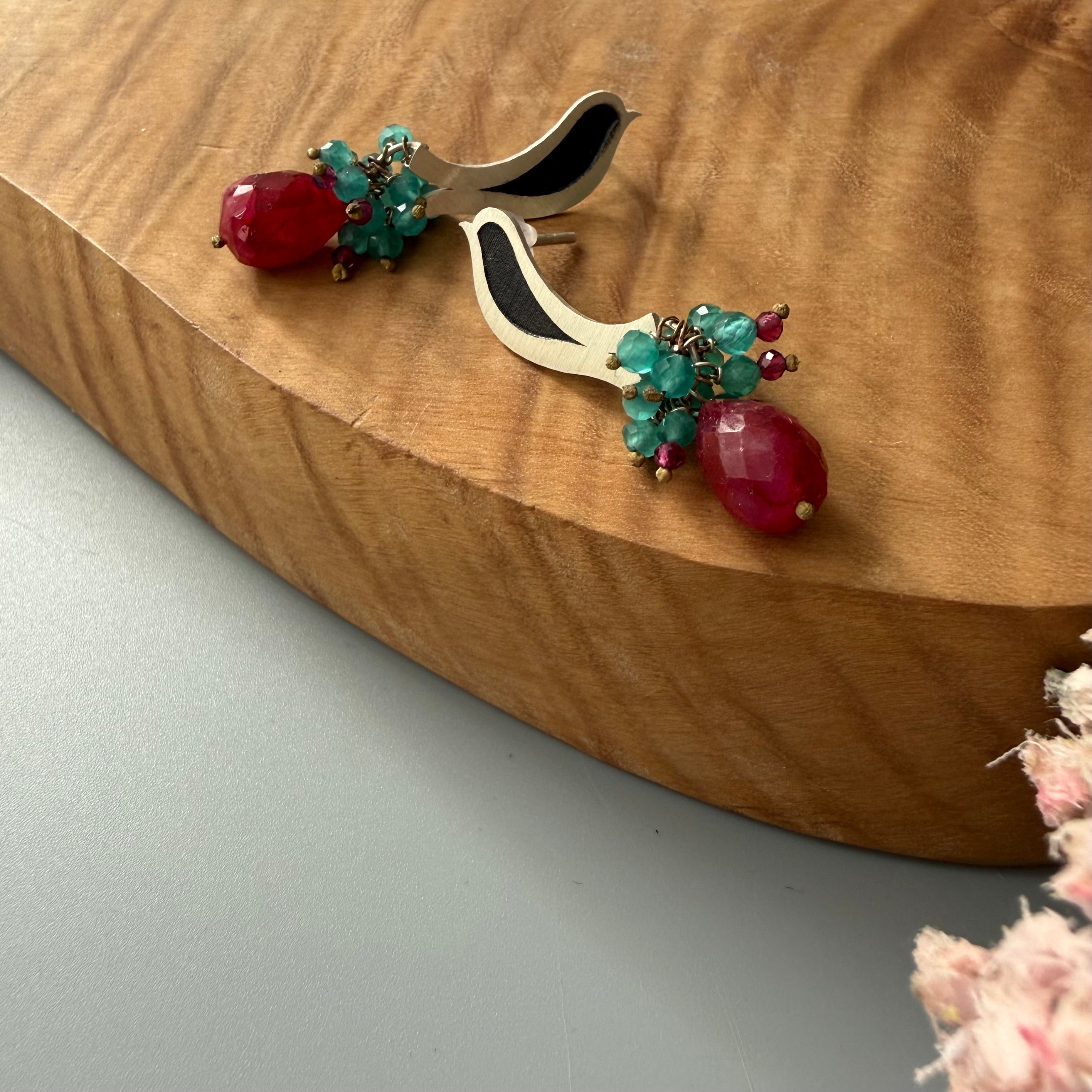 Handmade Silver Bird Earrings with Colorful Gemstone
