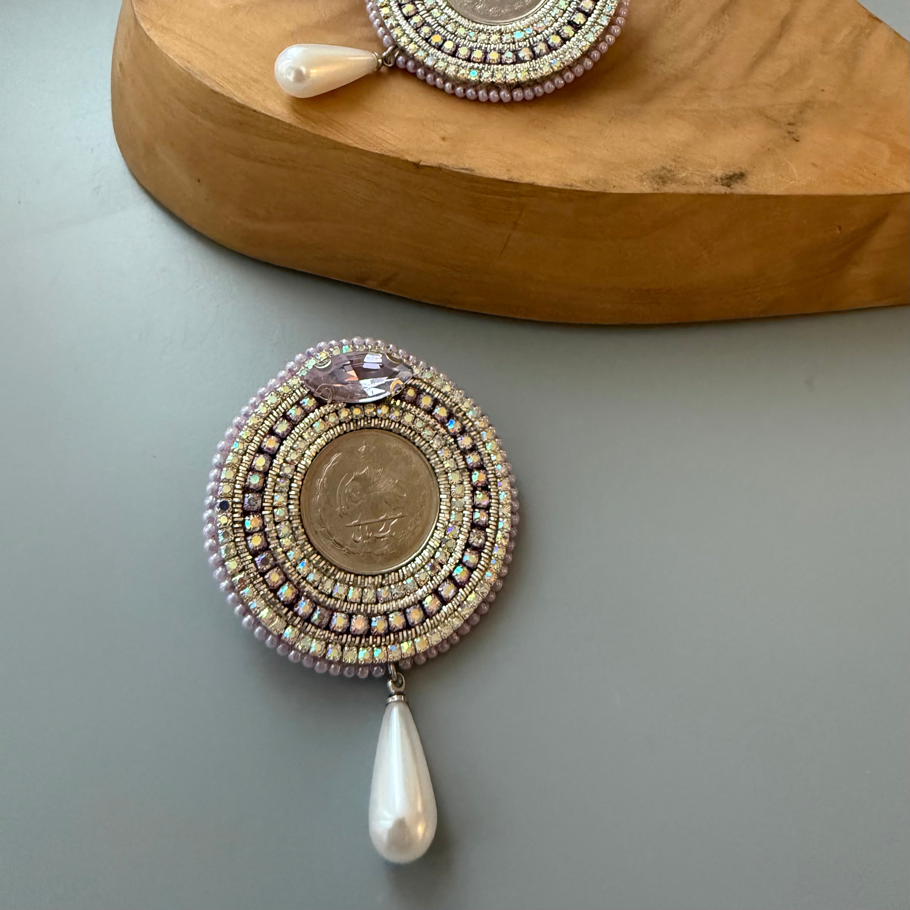 Beaded Embroidery Earrings with Lion and Sun Symbol - AFRA ART GALLERY