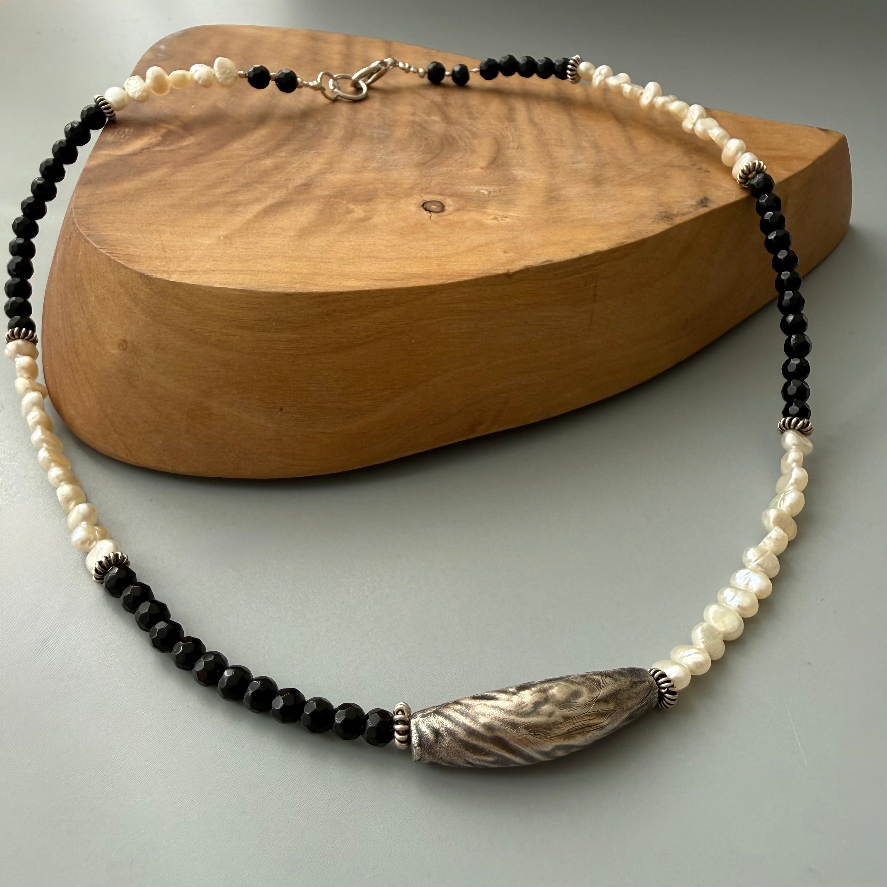 Handmade Silver Necklace with Black Onyx and Baroque Pearls - AFRA ART GALLERY