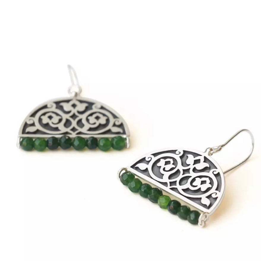 Persian Earrings Handmade Silver Drop Earrings with Green Gemstone:Persian Jewelry-AFRA ART GALLERY