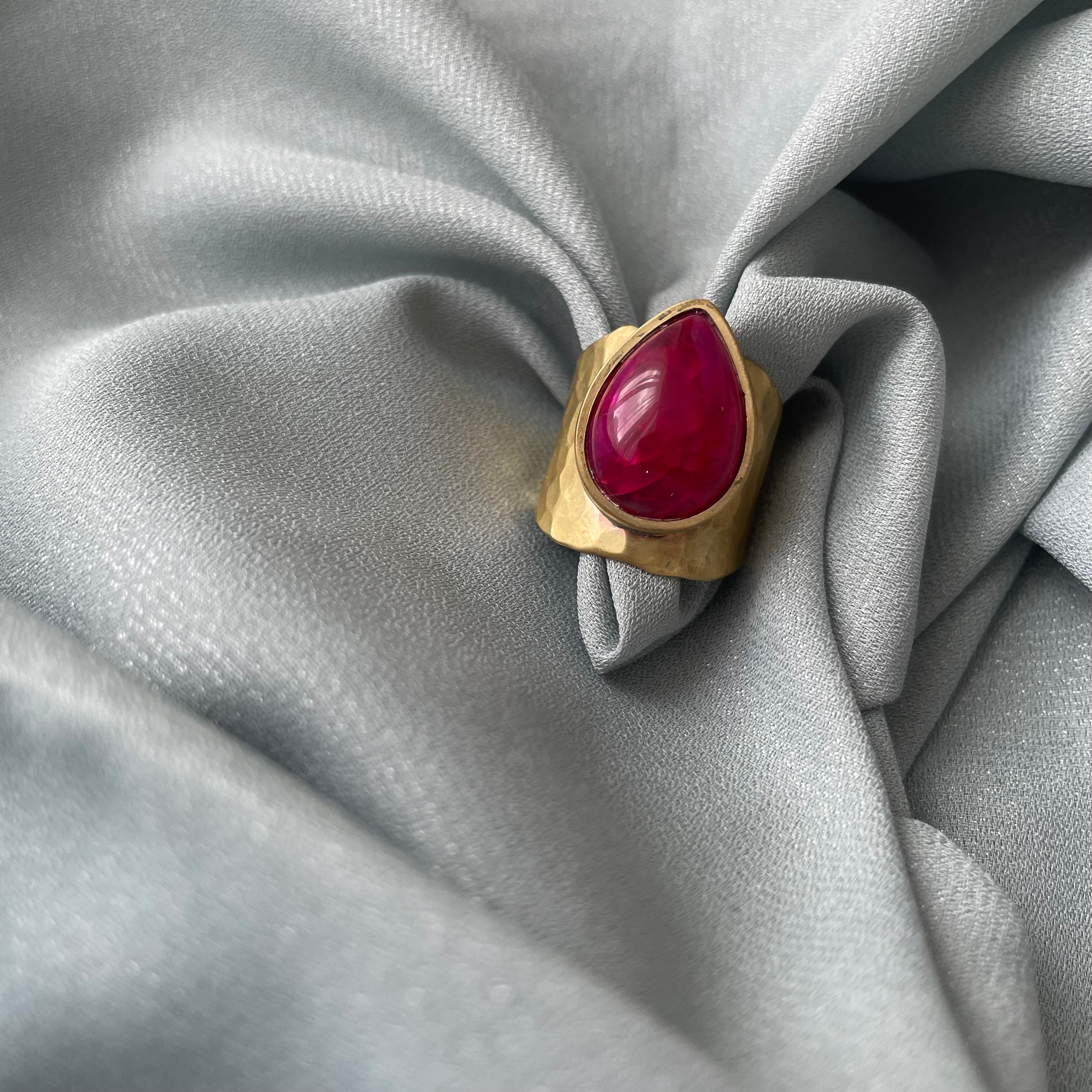 Brass Handmade Ring with Teardrop Shaped Raspberry Colored Gemstone