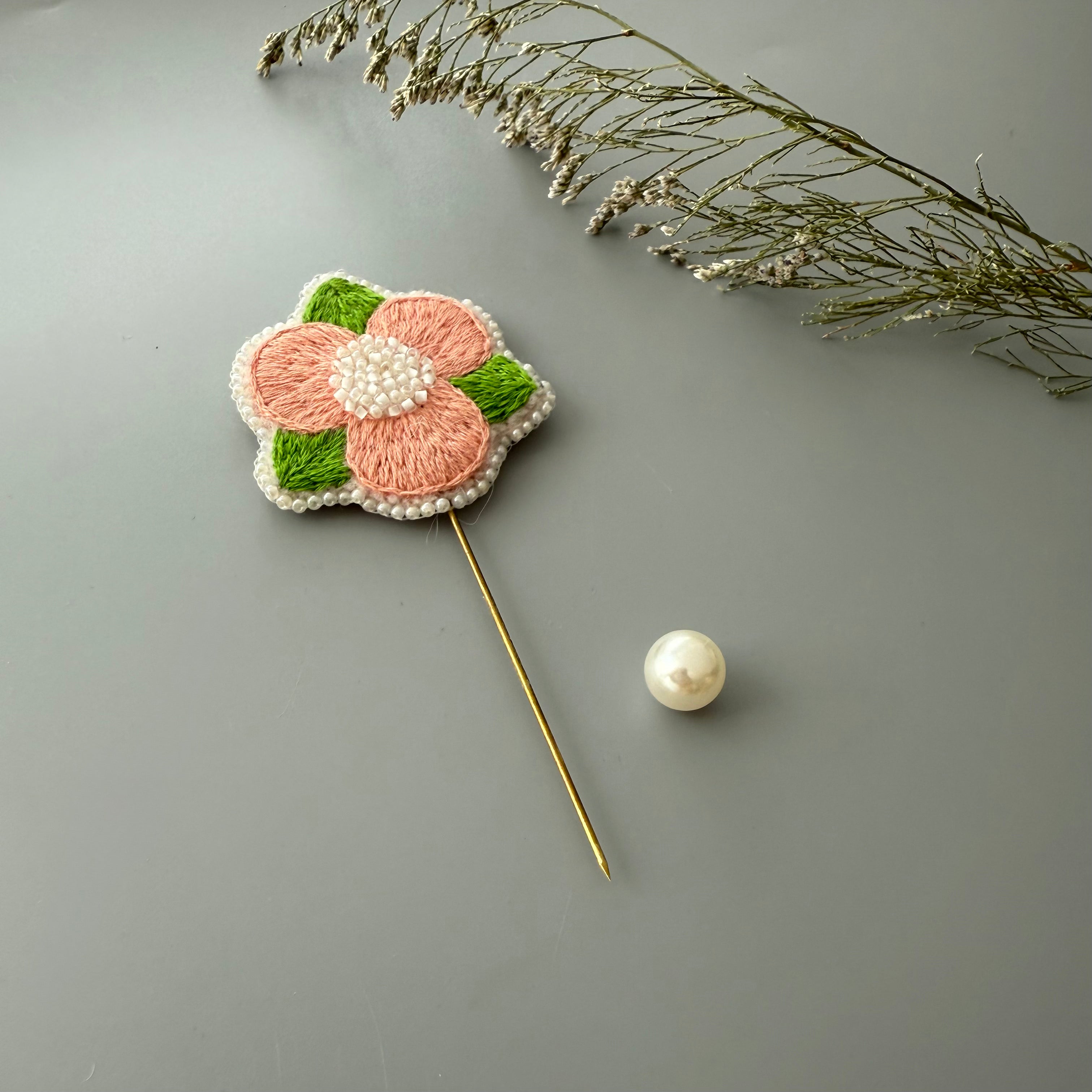 Hand-Embroidered Floral Brooch with Delicate Beading