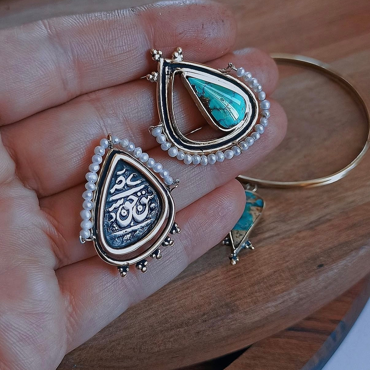 Handmade Asymmetric Silver Earrings with Persian Coin and Turquoise