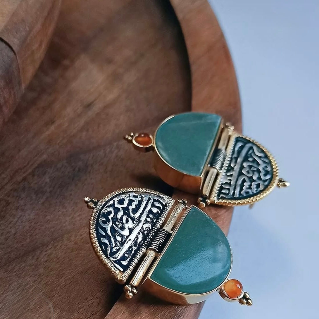 Handmade Silver Earrings with Persian Coin and Green Natural Gemstone
