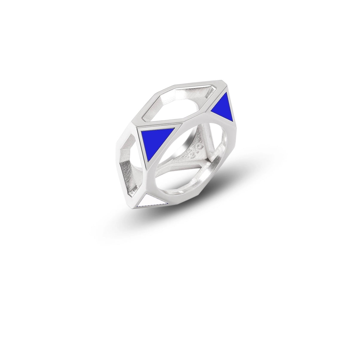 Award Winning Handmade Silver Ring with Enamel in Blue and Withe