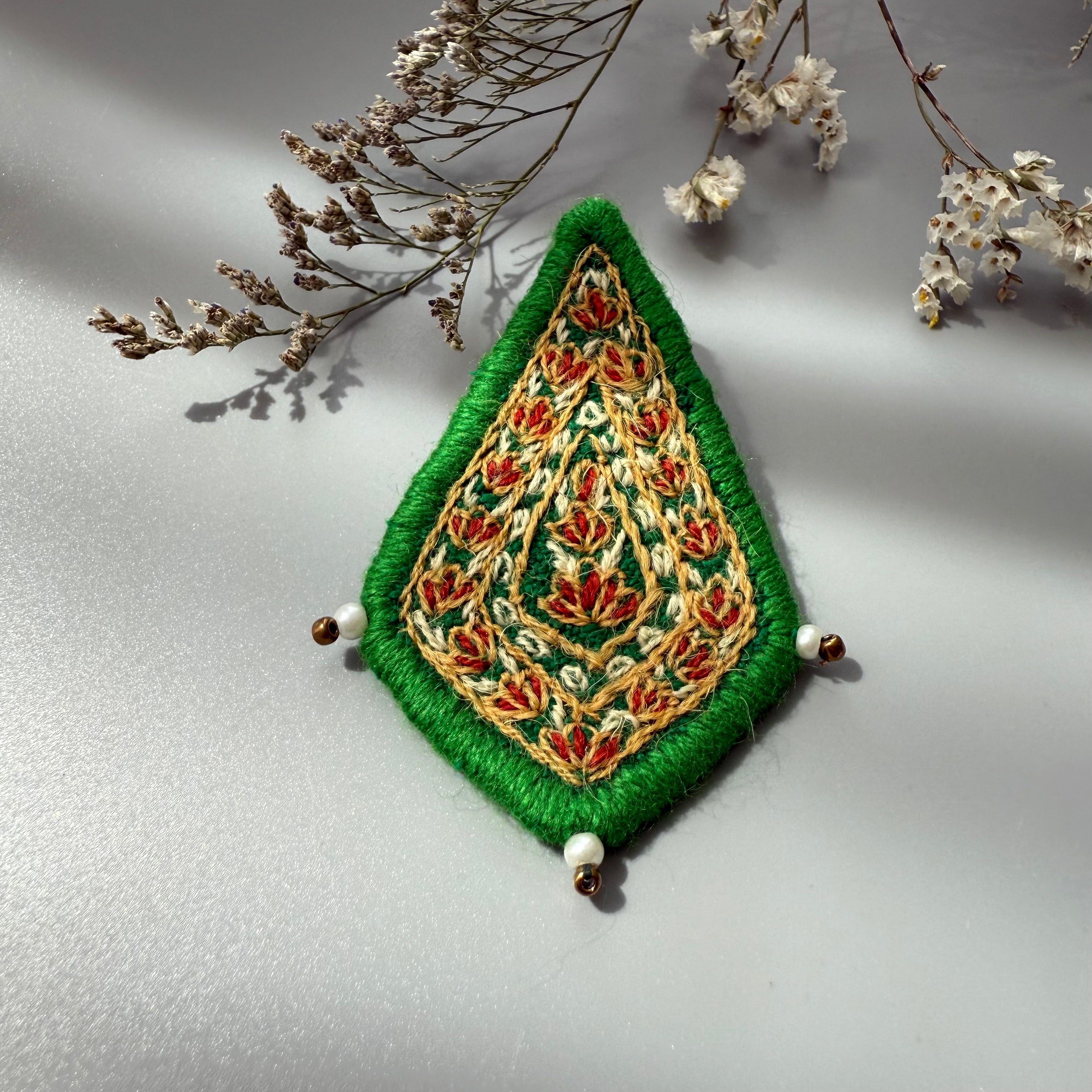 Cypress Brooch with Embroidery in Green
