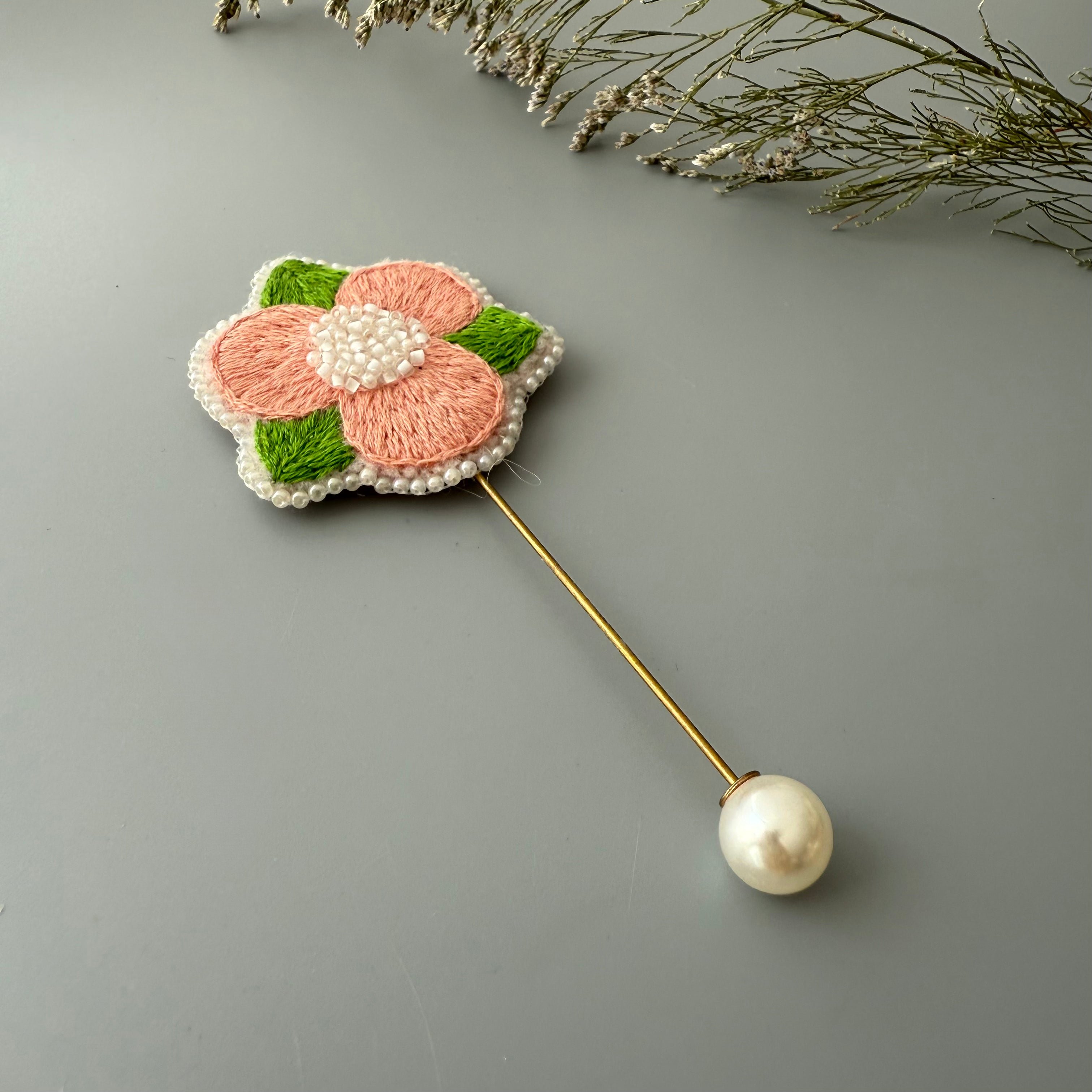 Hand-Embroidered Floral Brooch with Delicate Beading