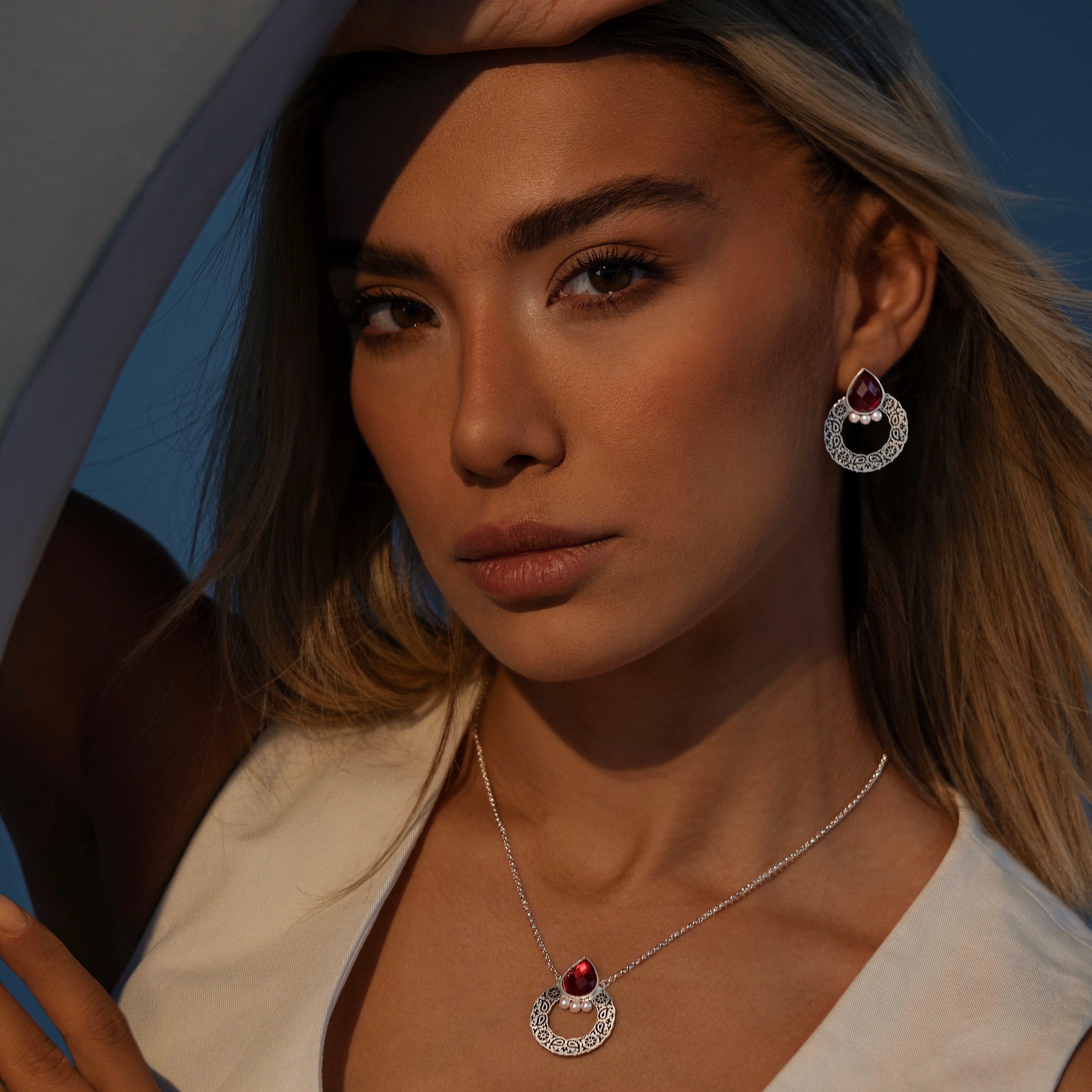 Persian Necklace Handmade Persian Necklace with Engraving and Red Crystal: Persian Jewelry-AFRA ART GALLERY