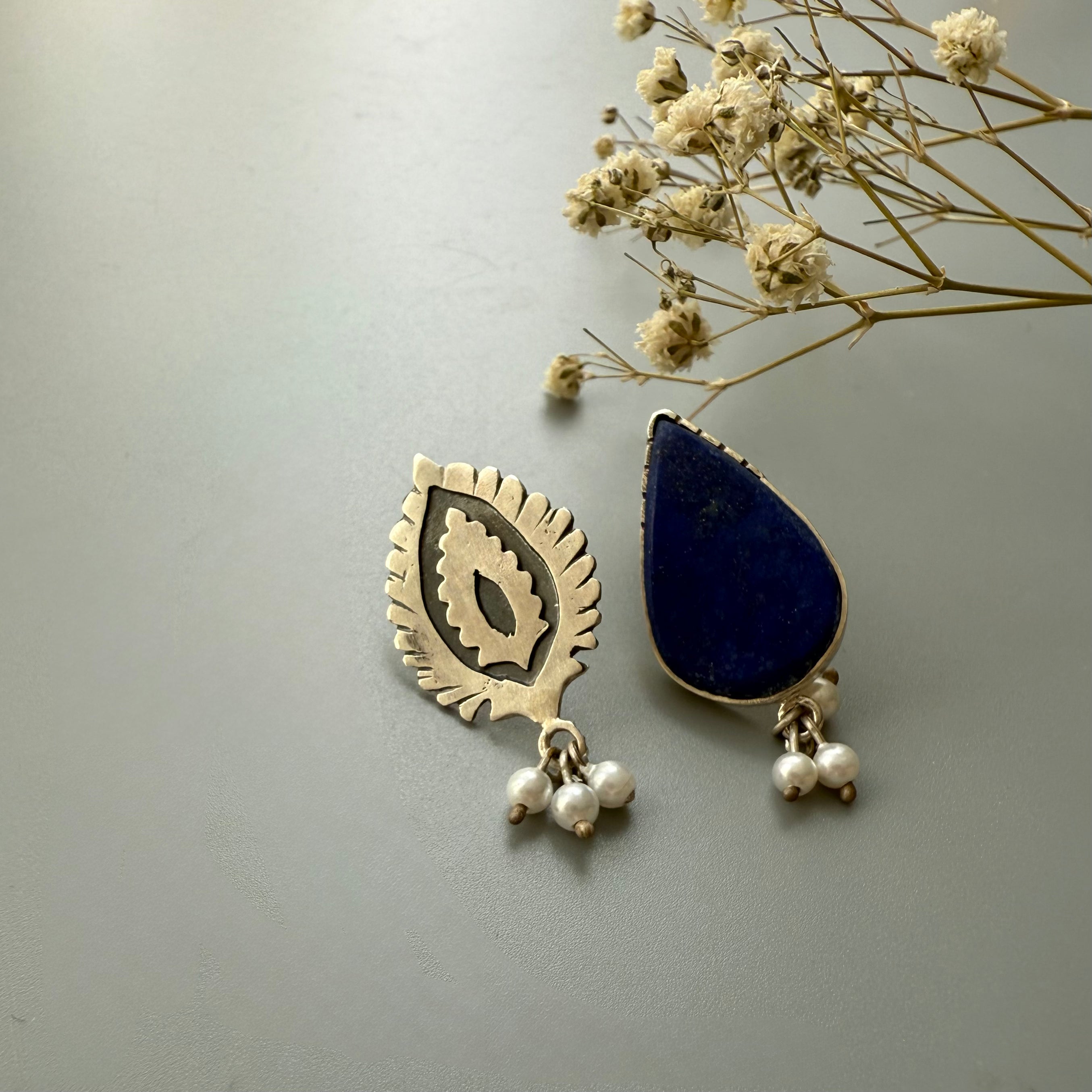 Handmade Persian Stud Asymmetric Earrings with Lazuli