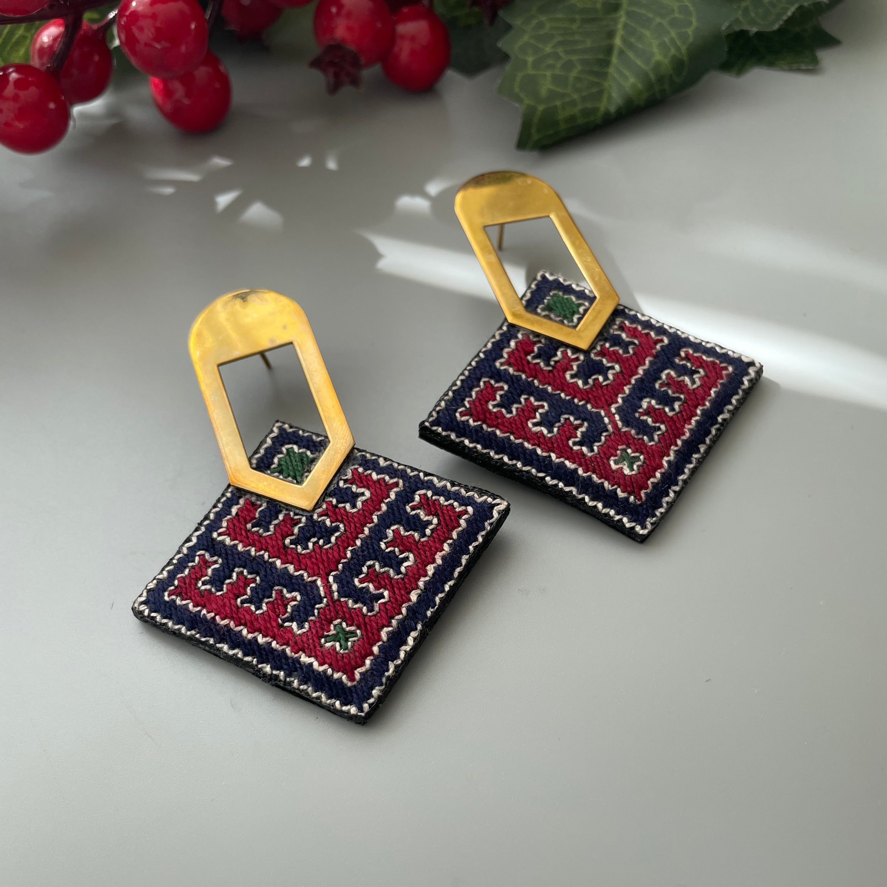Persian Earrings Persian Embroidery Earrings with Brass Decoration:Persian Jewelry-AFRA ART GALLERY