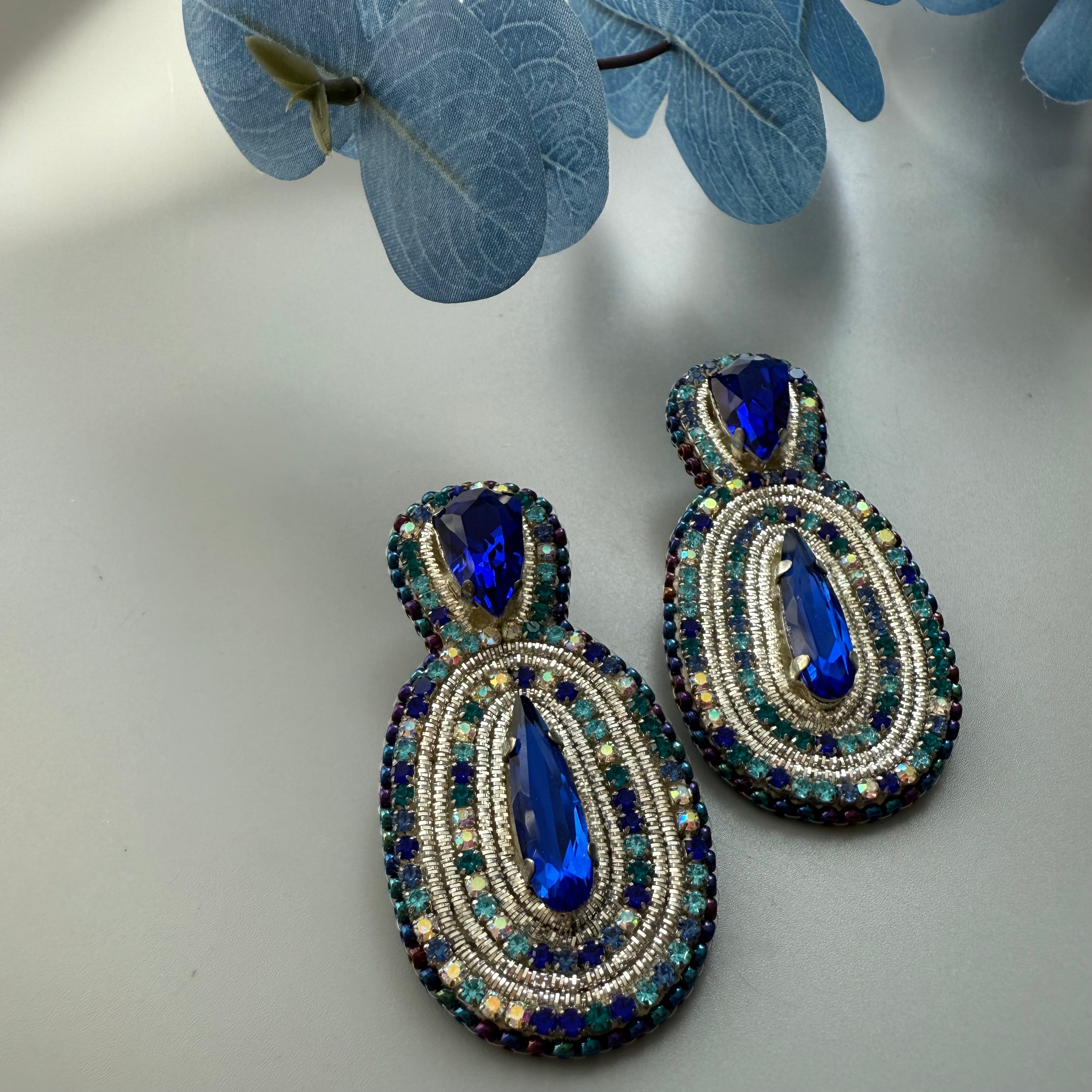 Persian Earrings-Beaded Embroidery Earrings in Blue Shade:Persian Jewelry -AFRA ART GALLERY