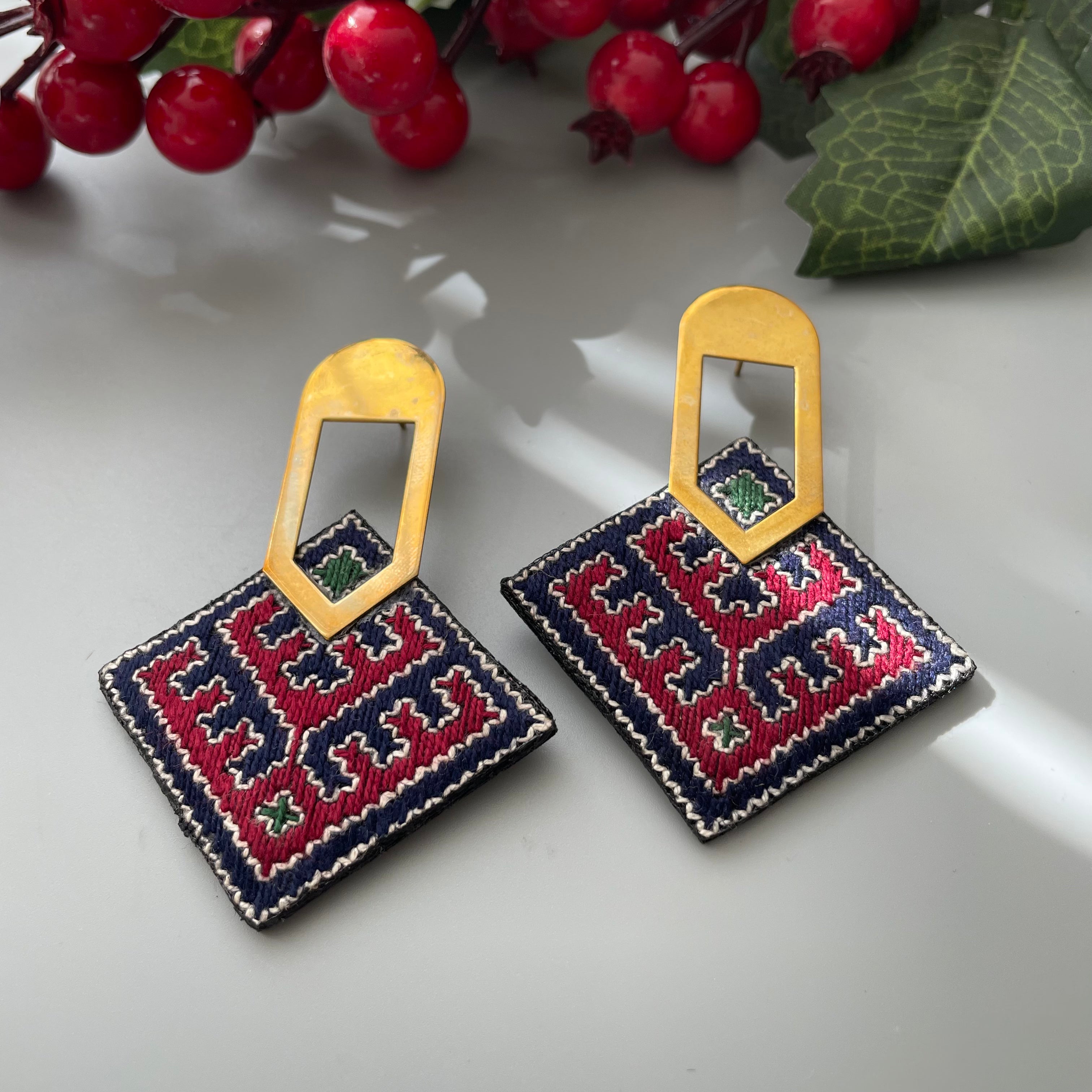 Persian Earrings Persian Embroidery Earrings with Brass Decoration:Persian Jewelry-AFRA ART GALLERY
