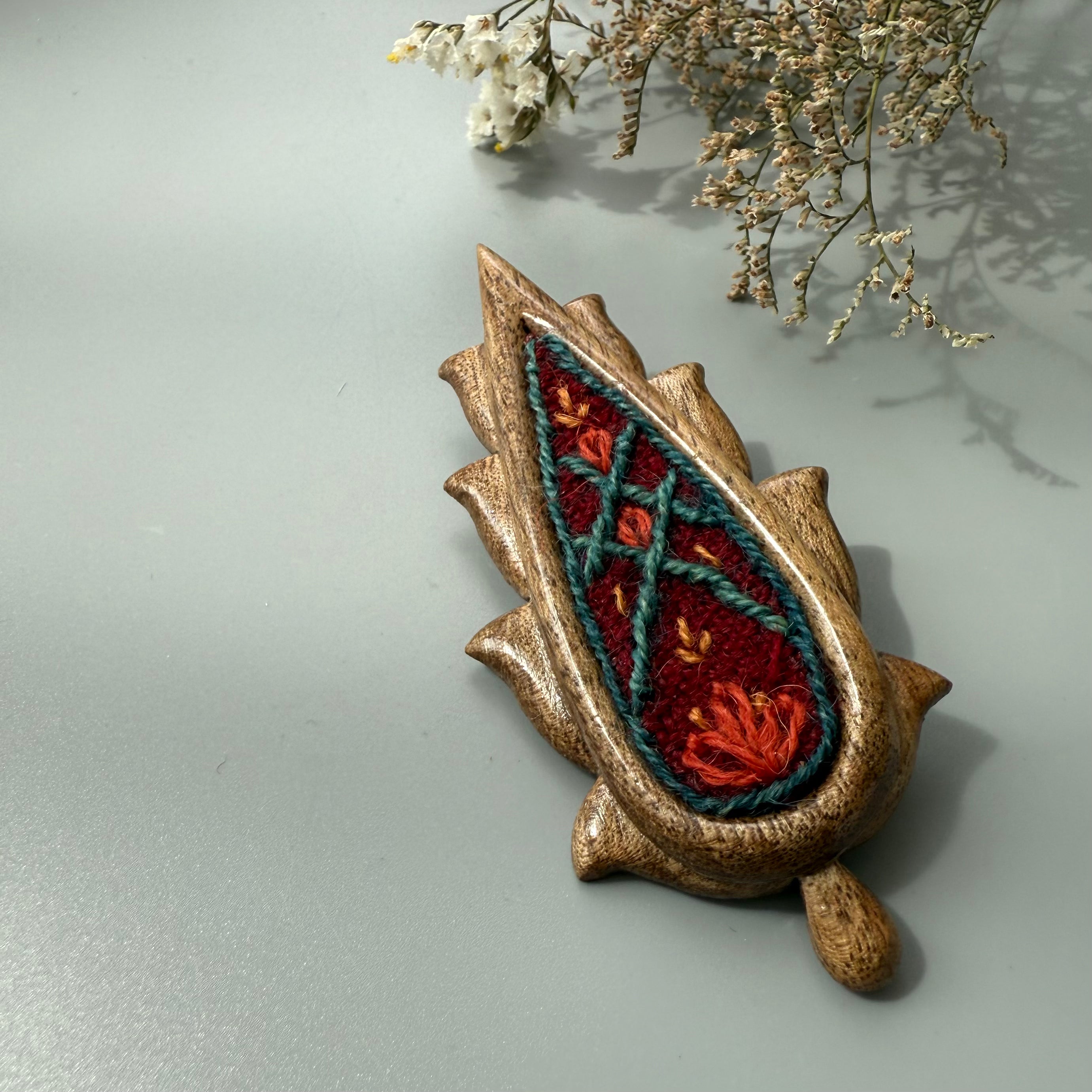 Handmade Wooden and Pateh  Embroidery Brooch