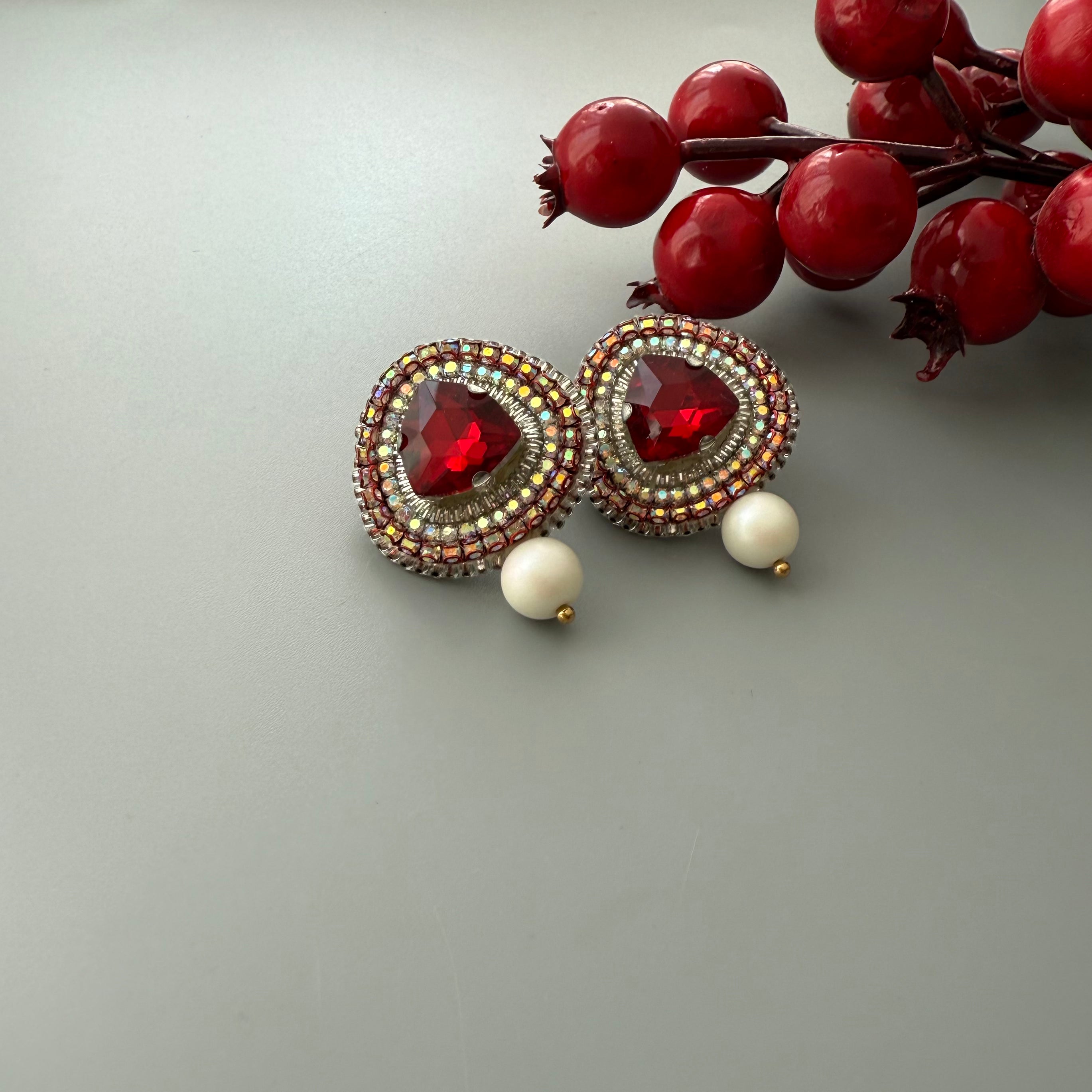 Persian Earrings-Beaded Embroidery Earrings in Red:Persian Jewelry -AFRA ART GALLERY