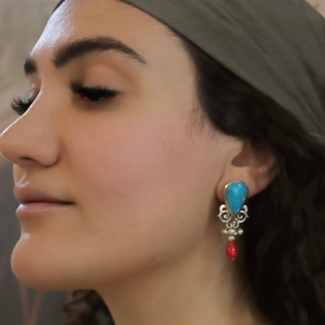 Handmade Asymmetrical Silver Earrings With Natural Turquoise