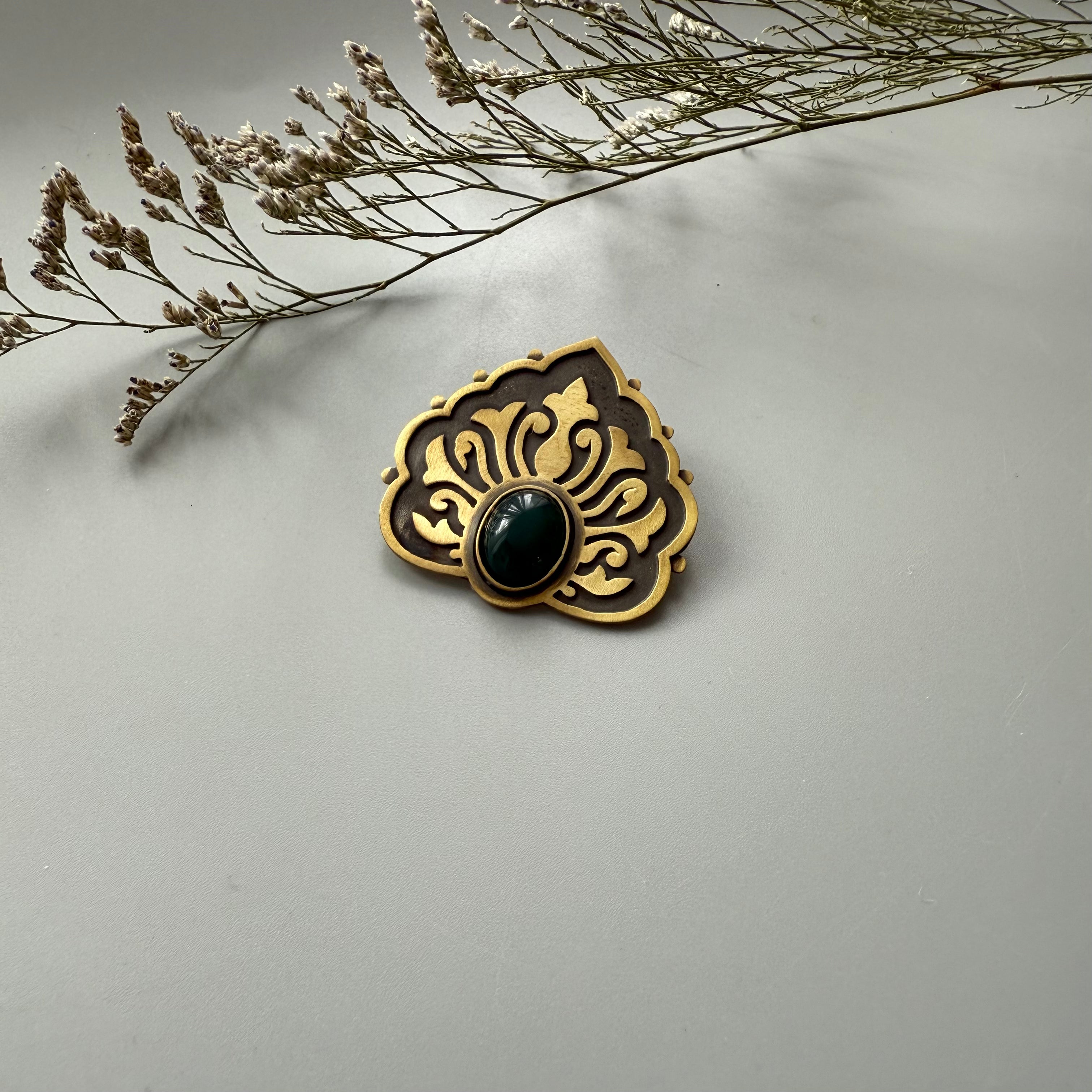 Persian Brooch with Green Agate and Engraving