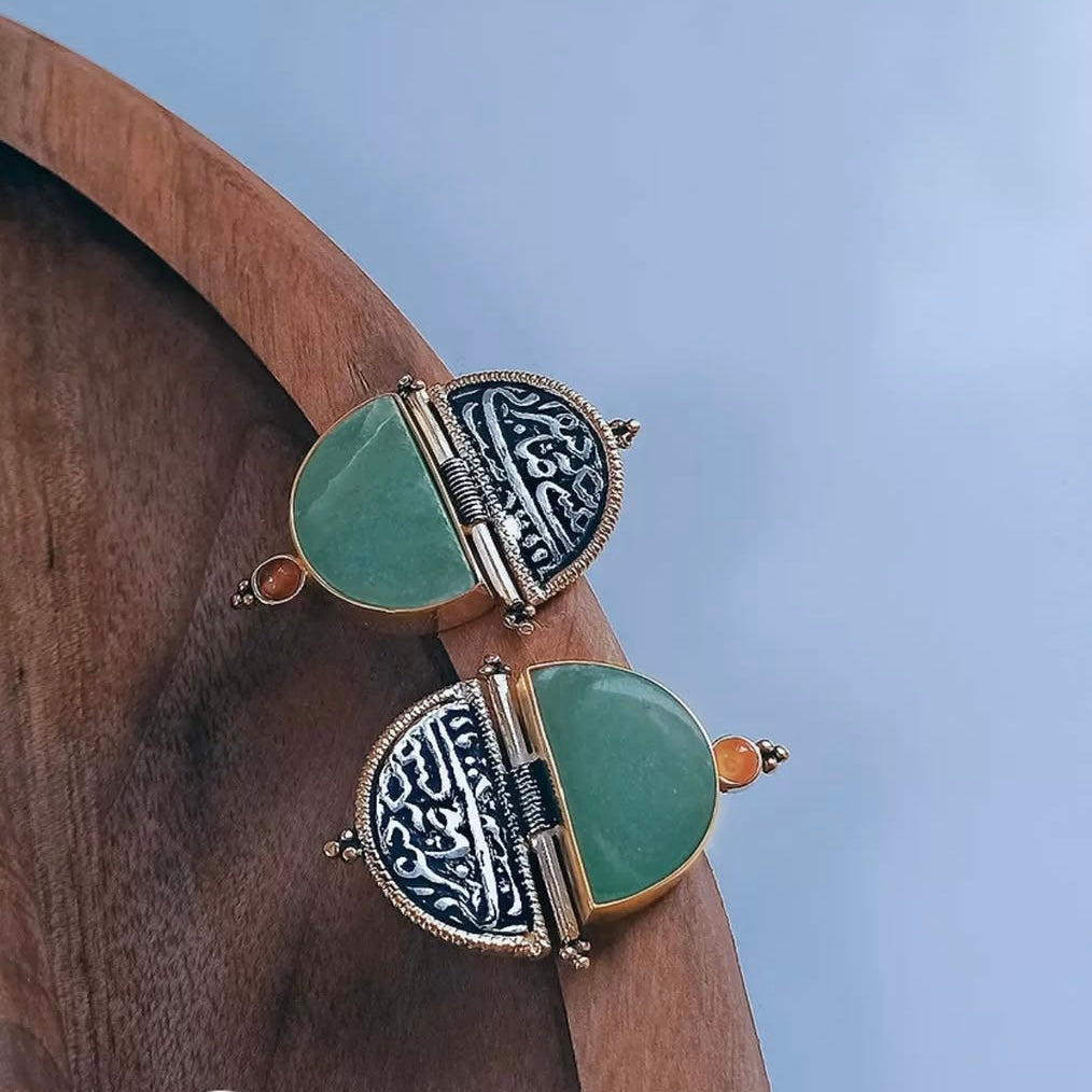 Handmade Silver Earrings with Persian Coin and Green Natural Gemstone