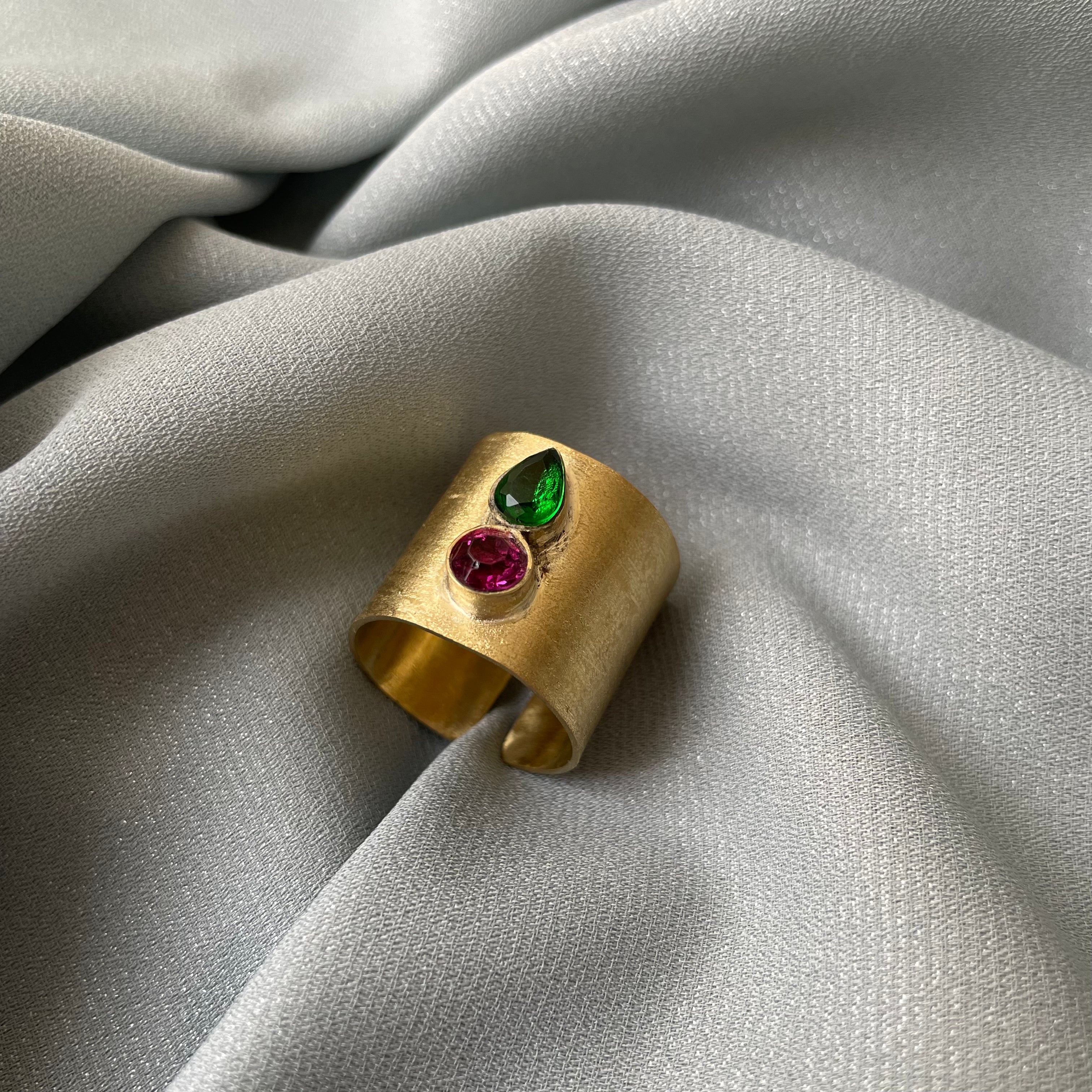 Persian Rings-Brass Handmade Ring with Colorful Crystal: Persian Jewelry-AFRA ART GALLERY
