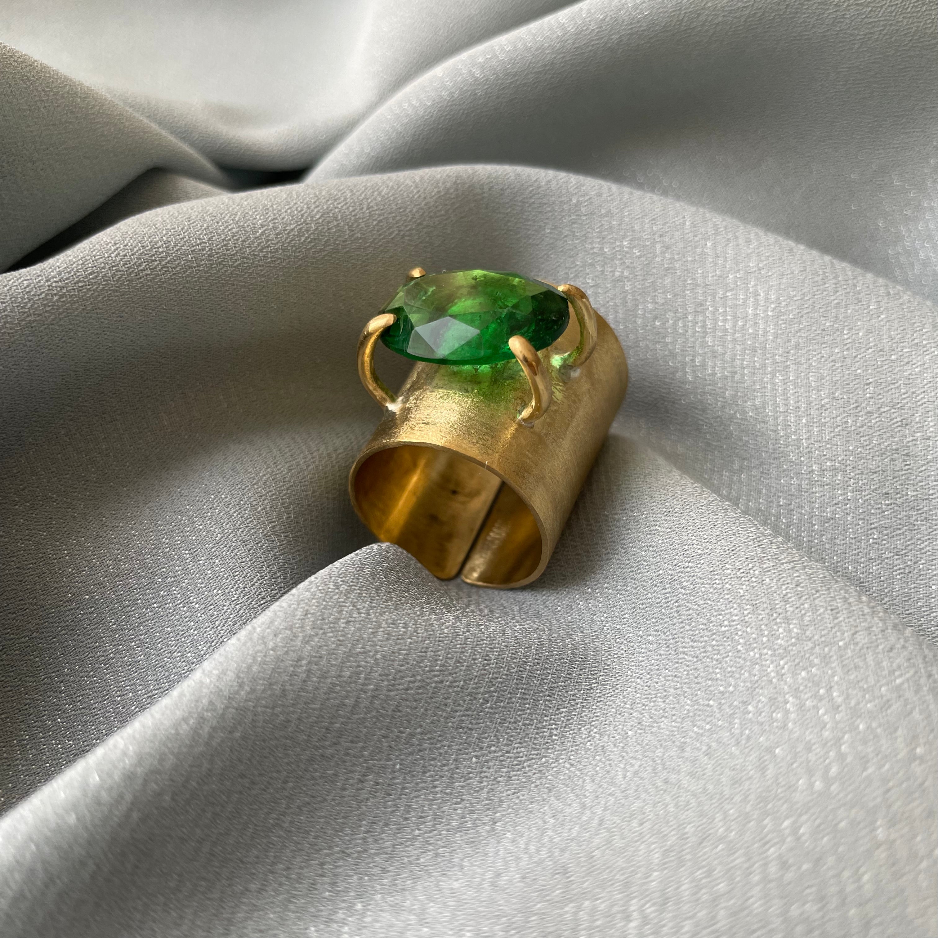 Persian Rings-Brass Handmade Ring with Green Crystal: Persian Jewelry-AFRA ART GALLERY