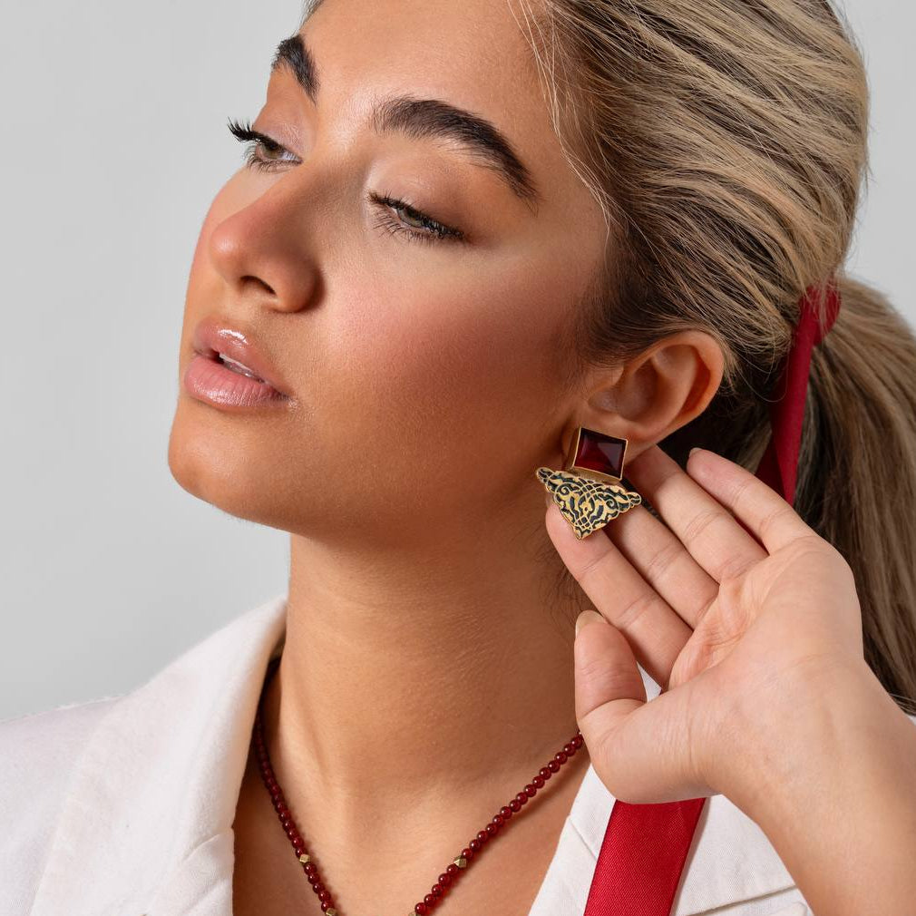 Brass Handmade Earrings with Eslimi Pattern in Black and Red Crystal